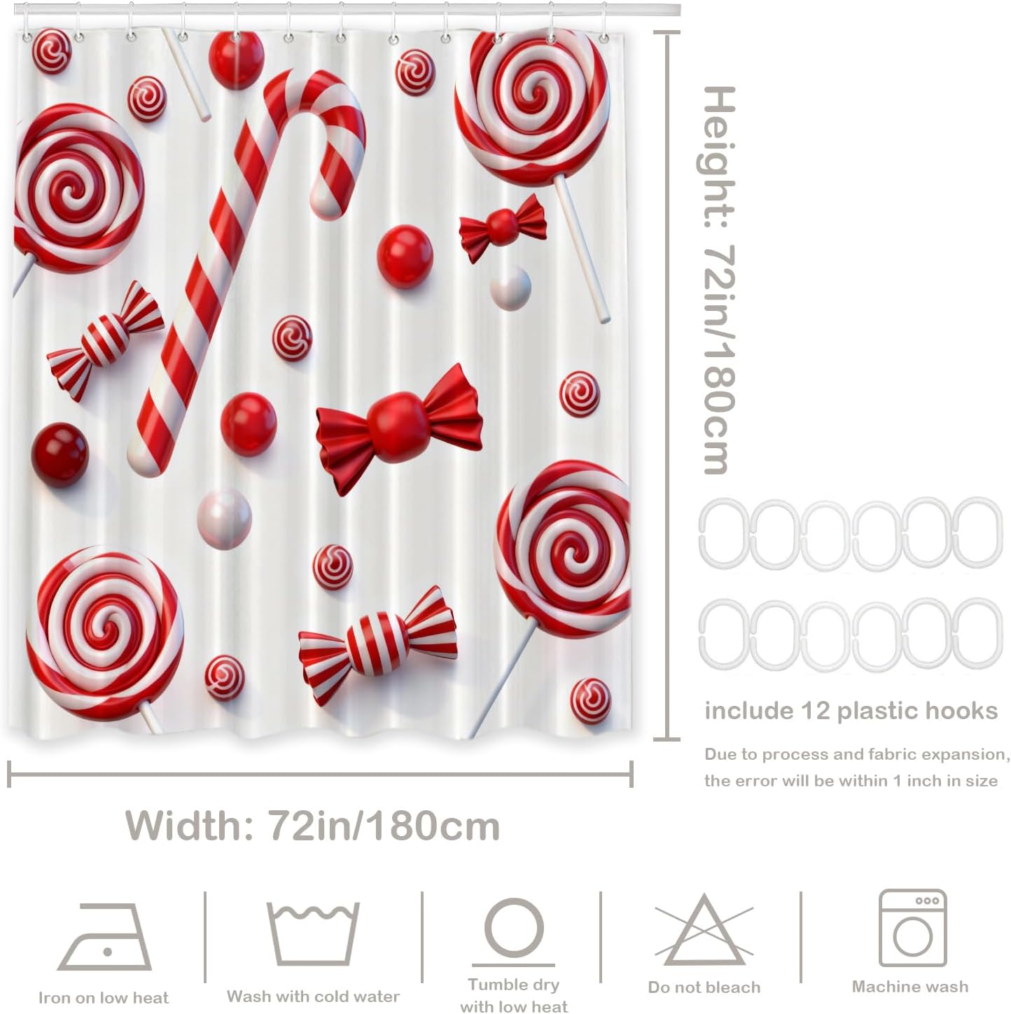 Batmerry Red White Brown Christmas Decorative Shower Curtain, Red White Green Sweet Peppermint Candy Striped Cute Long wide with Rust Proof Grommets for Bathroom Waterproof Washable