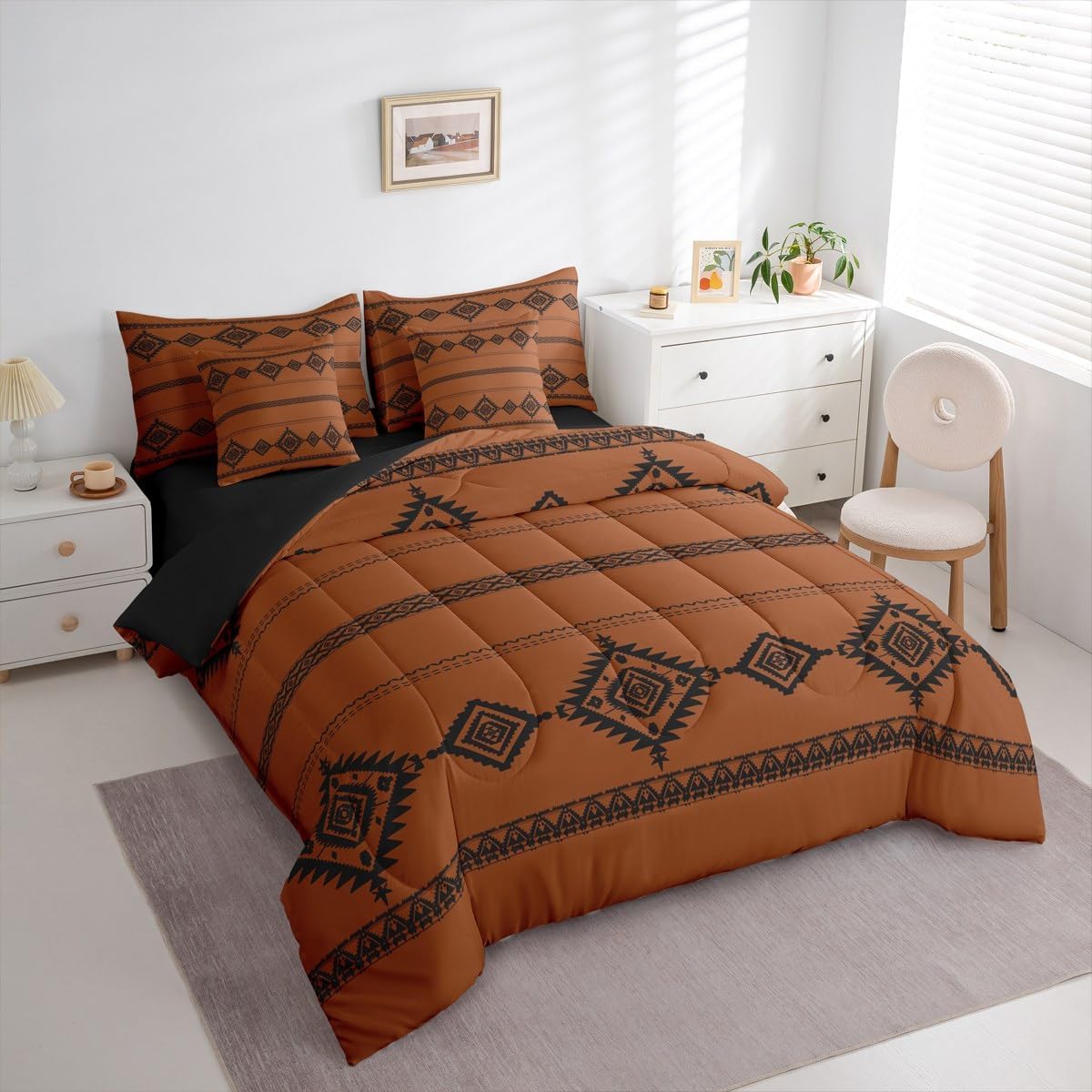 Western 7 Piece Bedding Set Full Size Southwestern Native Comforter Set with Sheets,Pillowcases & Cushion Cover for Boys Girls Wild West Cowboy Bed in a Bag Soft Tribal Bohemian Orange Black
