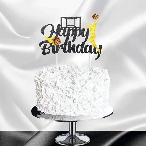 Basketball Happy Birthday Cake Topper Black Glitter Sport Game Themed Cake Decorations Sign Girls Female Basketball Player Scene Party Supplies Decorations