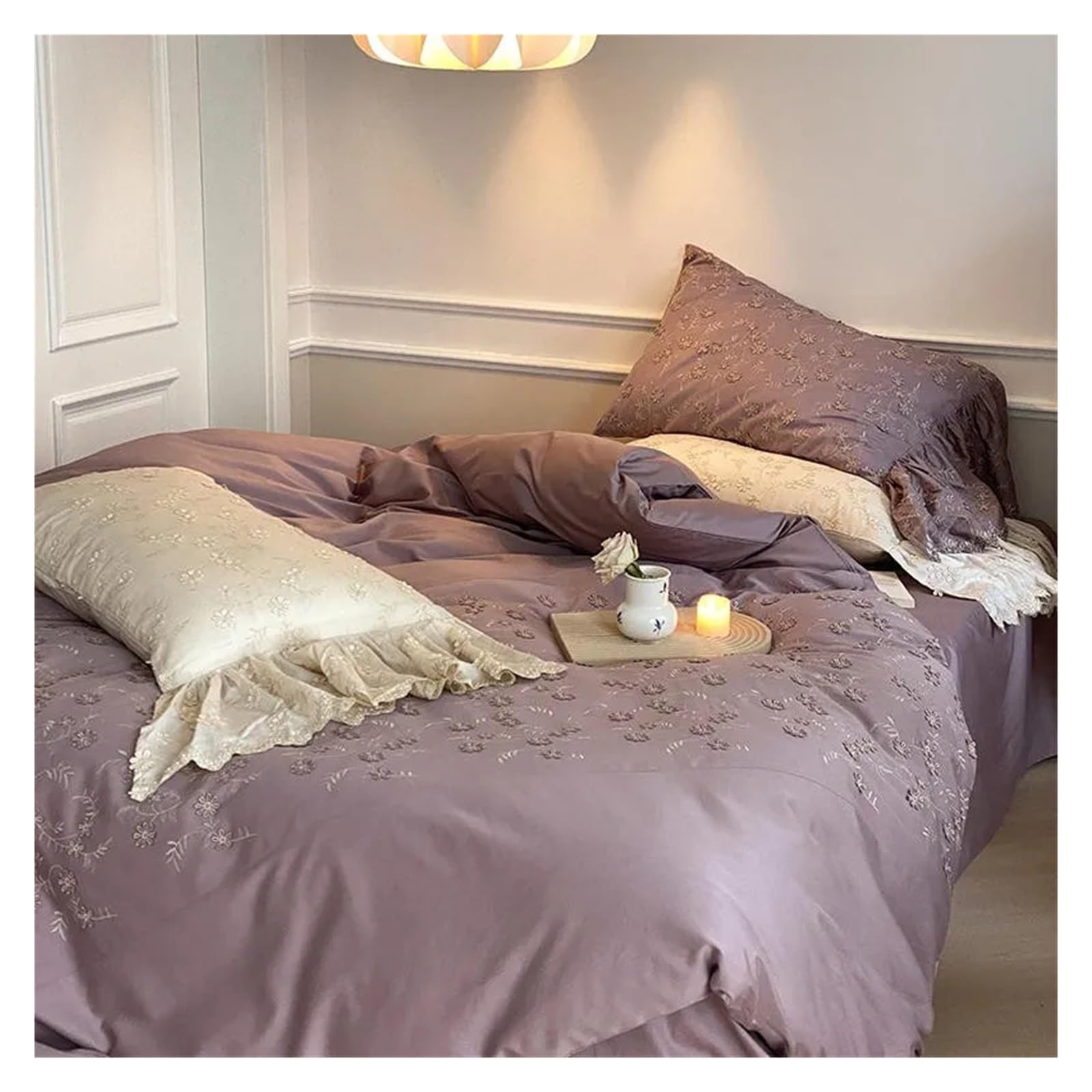 Housse de couette violette lit Queen ensemble de lit 4 pièces parure coton floral