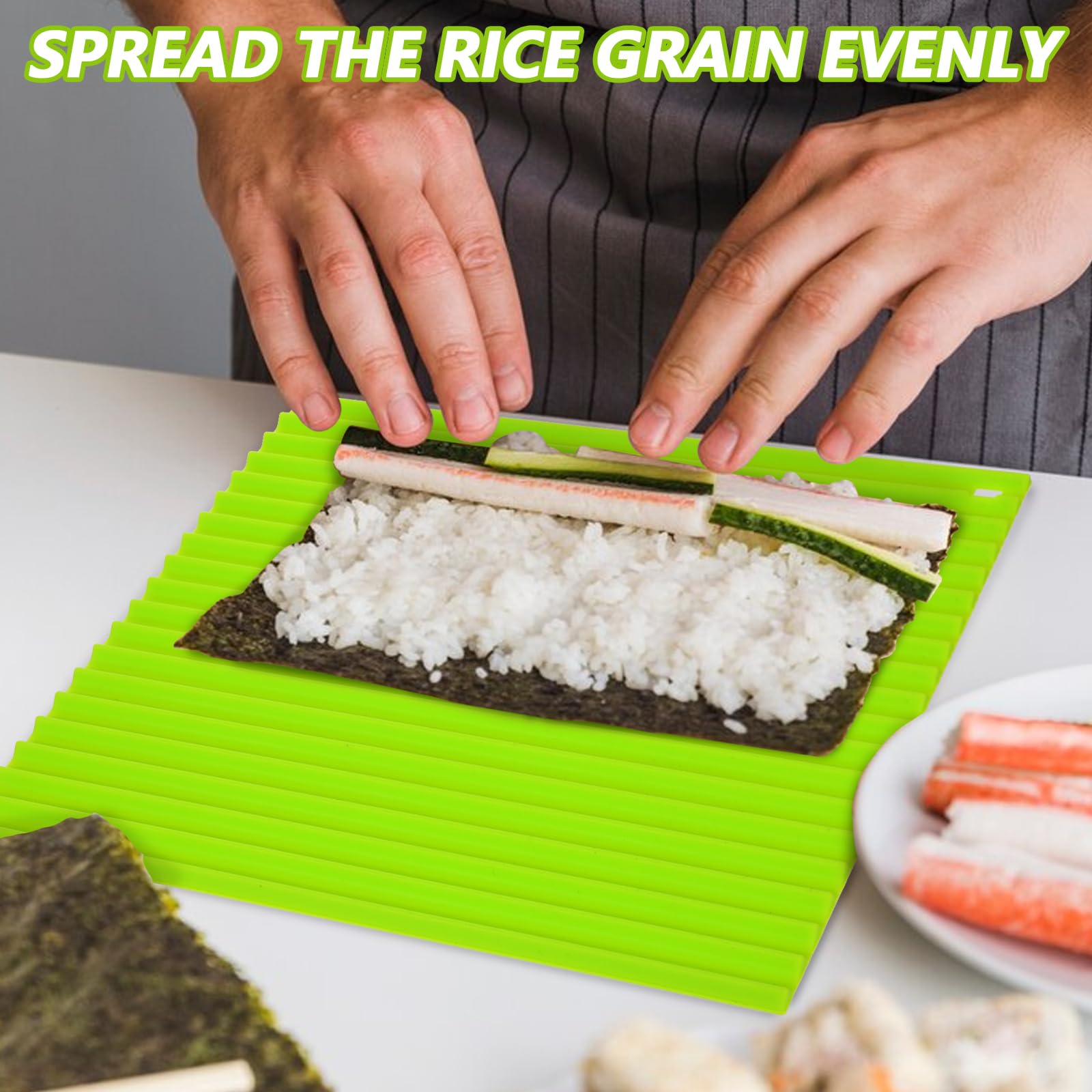 Kit de fabricación de sushi, tapete rodante de sushi de silicona prémium para bricolaje casero, principiantes, tapete antiadherente reutilizable para niños, cocina de 8.6 x 7.8 pulgadas (verde) 5