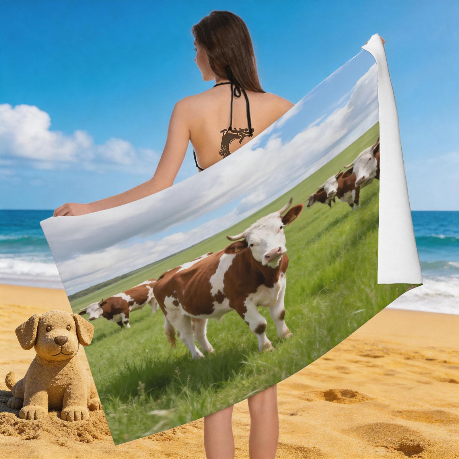 Leichong Men's Green 3D Pasture Cow Beach Towel Microfiber Soft Quick Dry For Adults, Savanna Animals Bath Towel Lightweight Soft Absorbent For Travel Swimming Pool Sports, 75 X 150 Cm