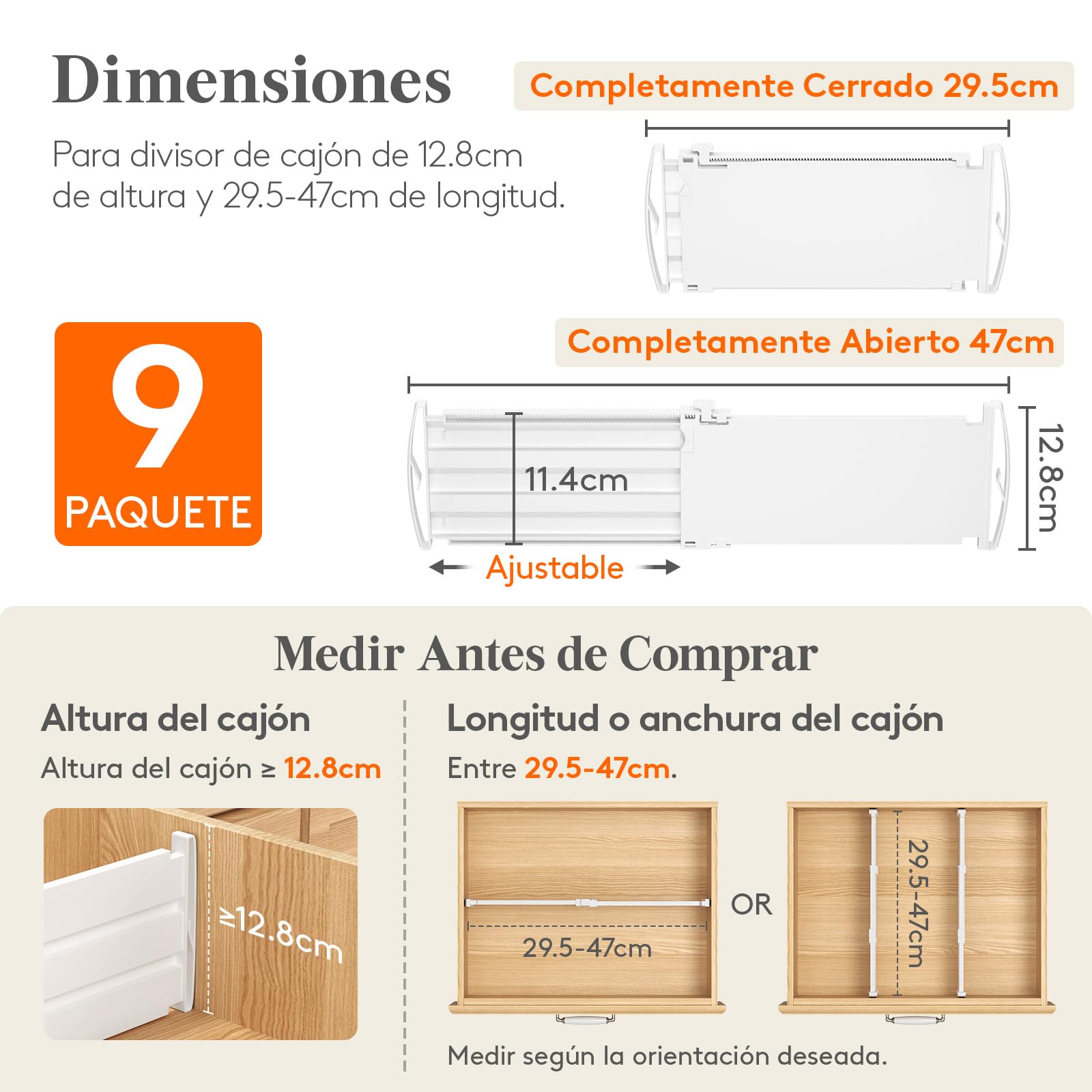 Lifewit Separadores de Cajones Ajustables, Divisores de Armario Ropa, Cajones Organizadores Plastico para Cocina, Baño, Mesita de Noche, 9 Piezas, Longitud Interior de 30 – 47 cm y Altura 13 cm
