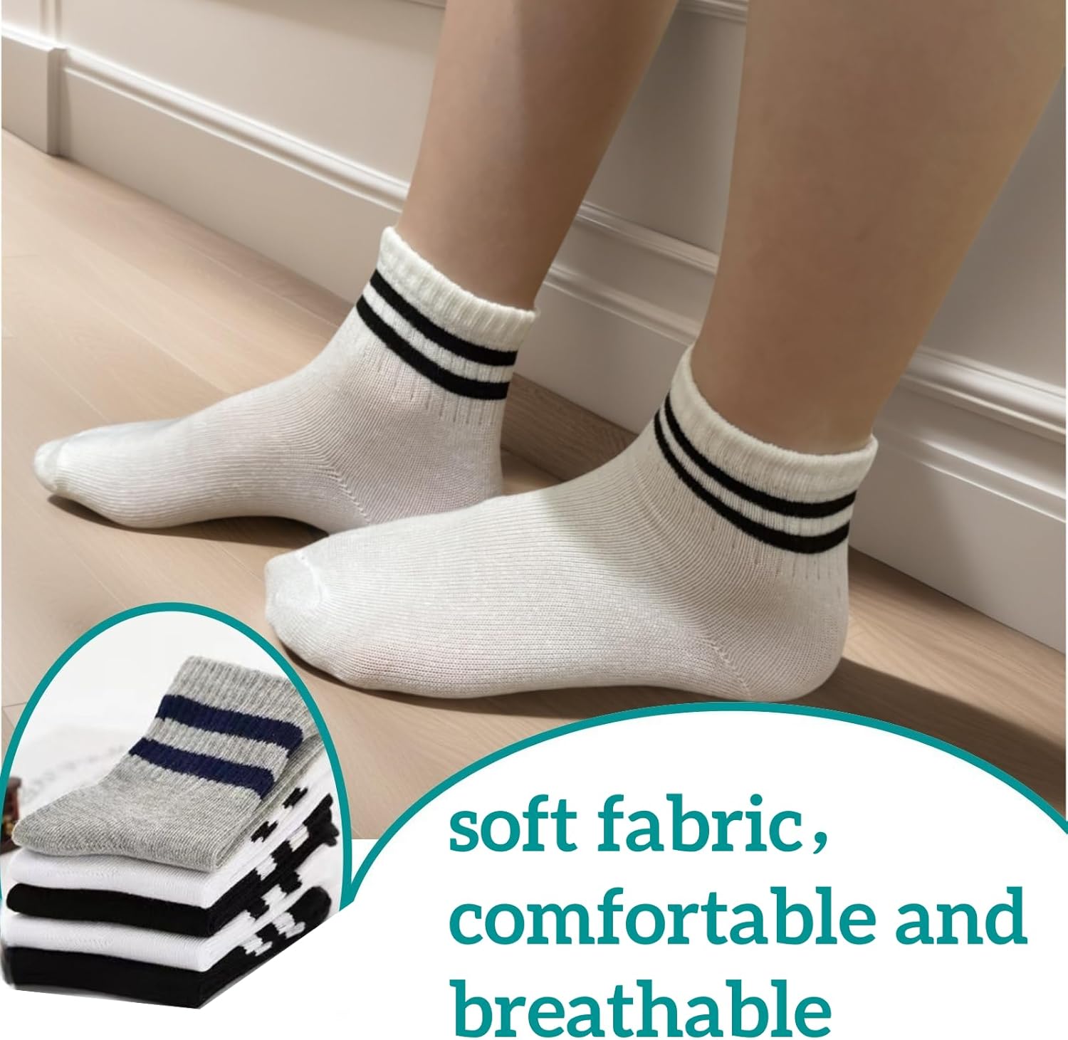 Boys Girls Seamless Stripe Socks, Cotton Athletic Crew Socks, 3-13 Years Black White Grey For Kids 5 -Pairs - Image 2