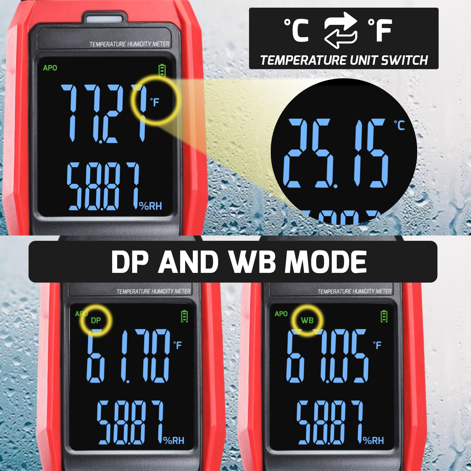 Registratore Digitale di Umidità e Temperatura per HVAC, Psicrometro con Memoria 4000 Dati, Termometro a Bulbo Umido, Display LCD Grande, Allarme Visivo/Acustico, Esportazione Dati