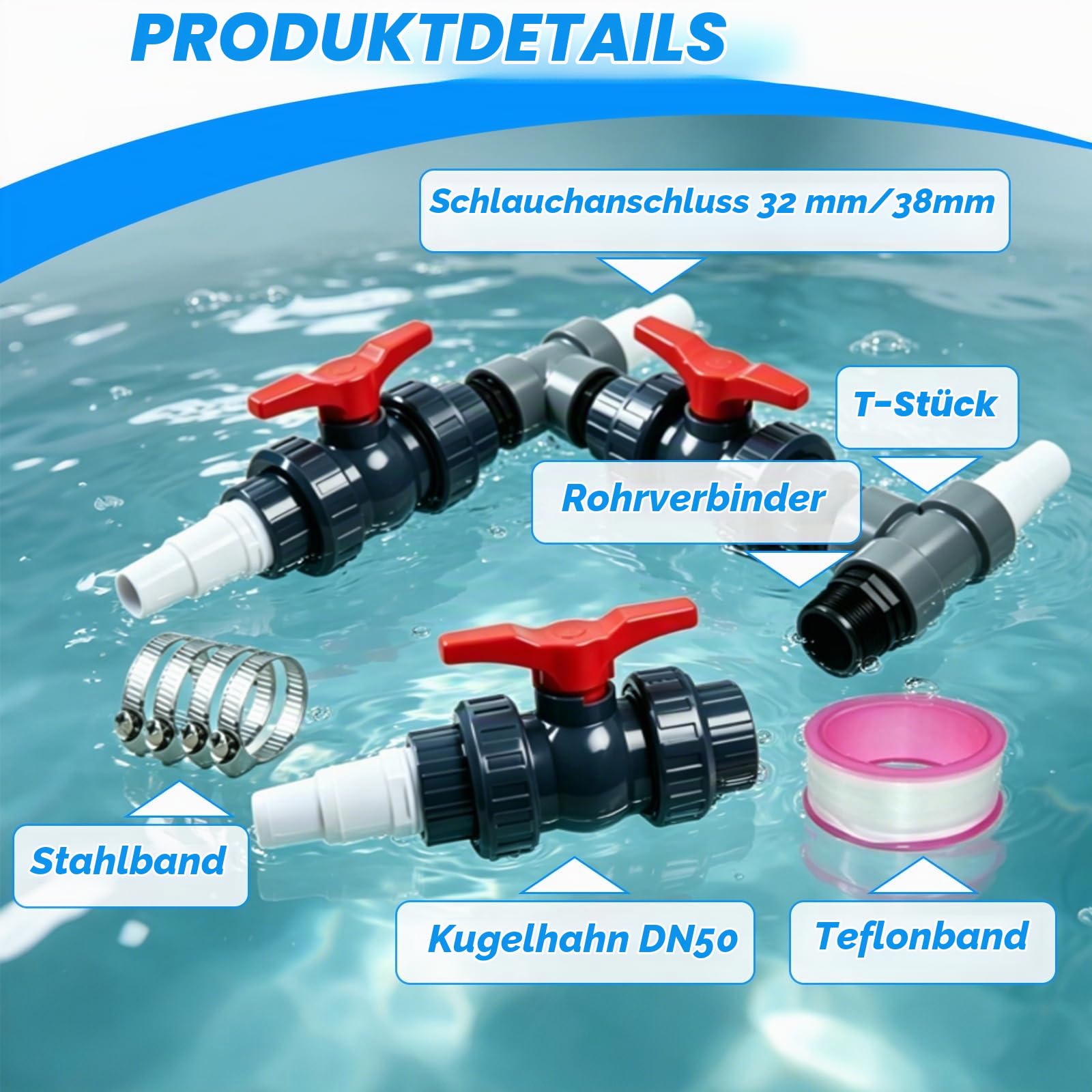 Bypass Pool Set 50mm für Wärmepumpe, Pool Bypass Set mit 32mm & 38mm Schläuchen, 3 Kugelhähne, T-Stücke & Edelstahlklemmen – Optimiert Wasserfluss für Solarheizung