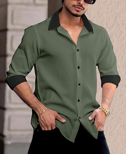 Men's Casual Shirt, Solid Color with Black Contrast Collar and Cuffs, Textured Fabric, Long Sleeve, Button-Down