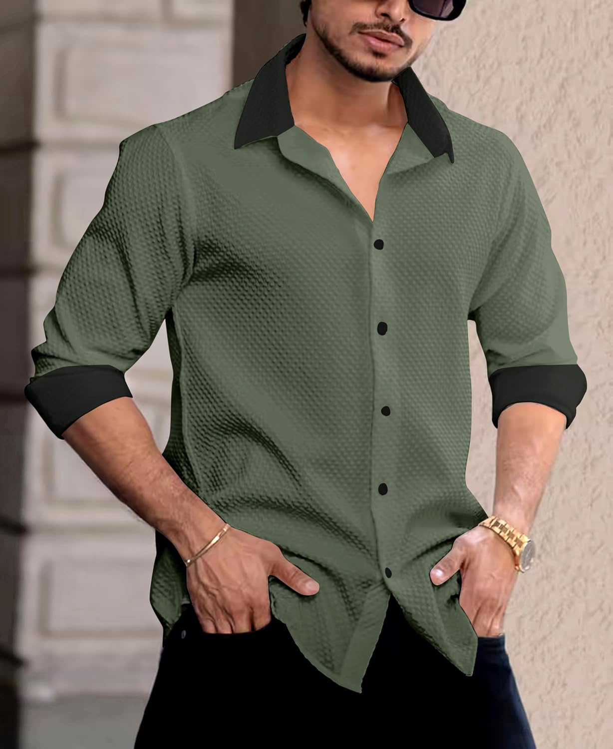 Men's Casual Shirt, Solid Color with Black Contrast Collar and Cuffs, Textured Fabric, Long Sleeve, Button-Down