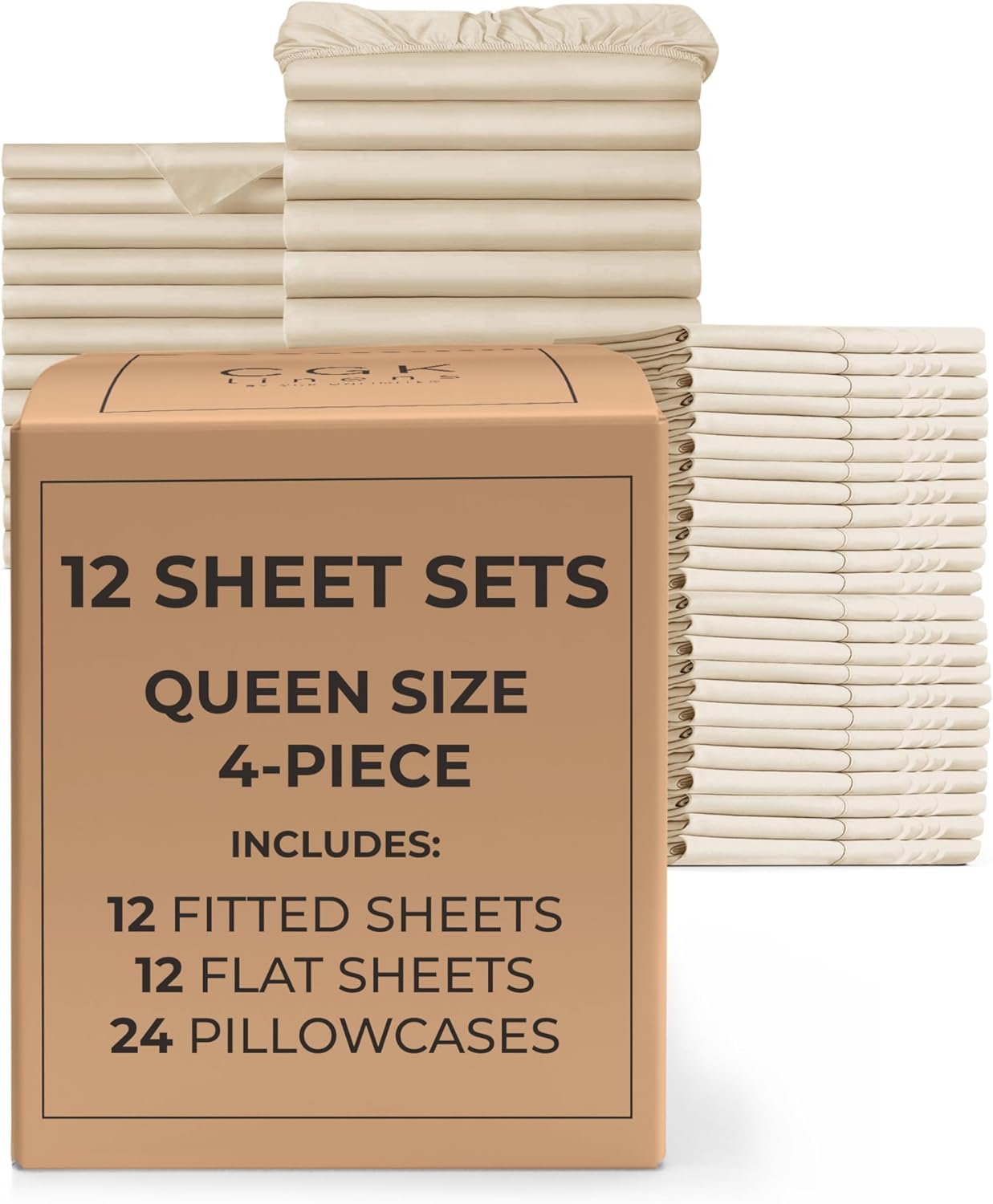 Bulk Case Pack of 12 Sheet Sets - (12) Complete Queen Size Sheet Sets with Deep Pockets - Wholesale Bulk Bedding for Hotels, Spas & Airbnbs - Breathable, Cooling, Soft & Wrinkle Free - (Queen, Wheat)