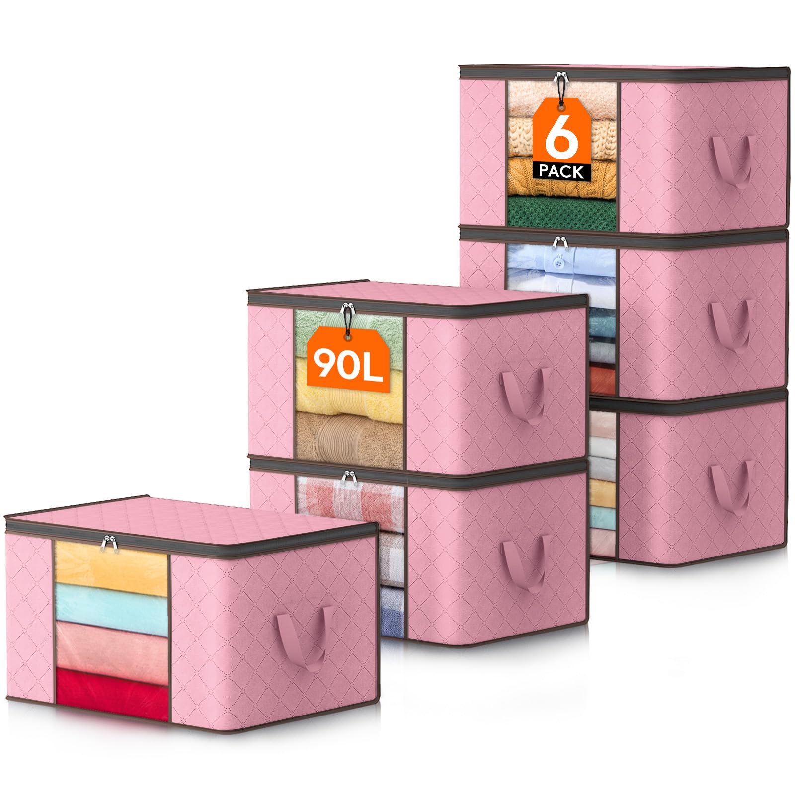 Lifewit 6 Pack Large Capacity Clothes Storage Bag, Foldable Storage Bins for Clothes, Blankets, Fabric Wardrobe Closet Organizer with Reinforced Handle, Sturdy Zipper, Clear Window, Pink, 90L