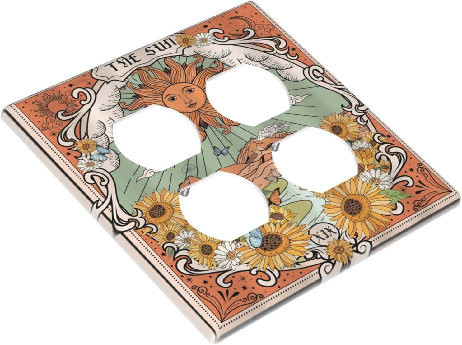 Boho Retro Sun Sunflower Vintage Flower Butterfly Outlet Covers 2 Gang Double Duplex Decorative Light Switch Covers Electrical Wallplates Socket Faceplate for Farmhouse Home Decor
