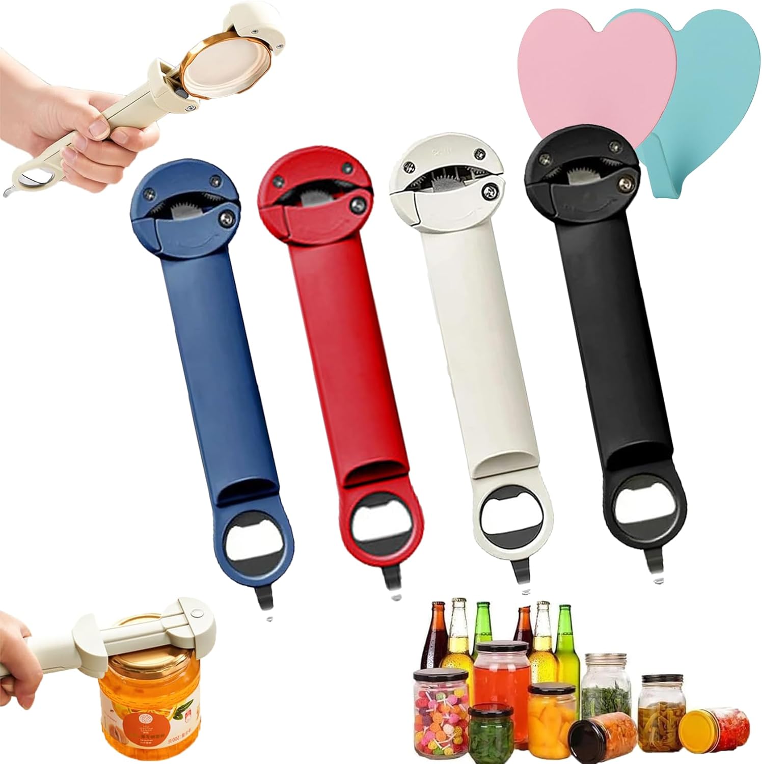 Seinohome Jar Opener, Seinohome Multifunctional Retractable Bottle Opener, Adjustable Multifunctional Jar Opener Tool, Magnetic Wall Mounted Opener, Jar Opener for Seniors with Arthritis (4pcs)