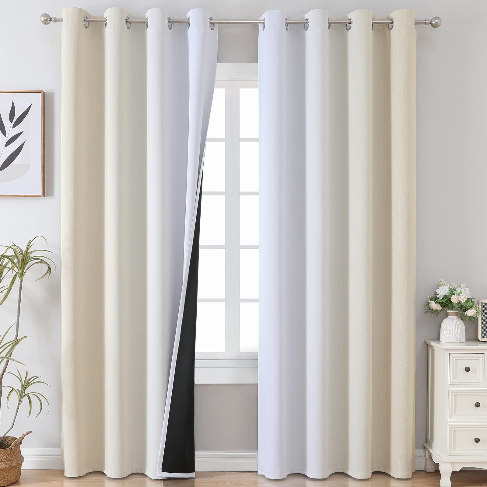 Dégradé Ombre Beige Clair Blanc, Rideau à œillets, Rideaux de fenêtre, thermorideau Anti-Froid, Double Rideau 2 pièces, Rideaux de Chambre à œillets, occultants pour Salon, H 229 x L 132 cm