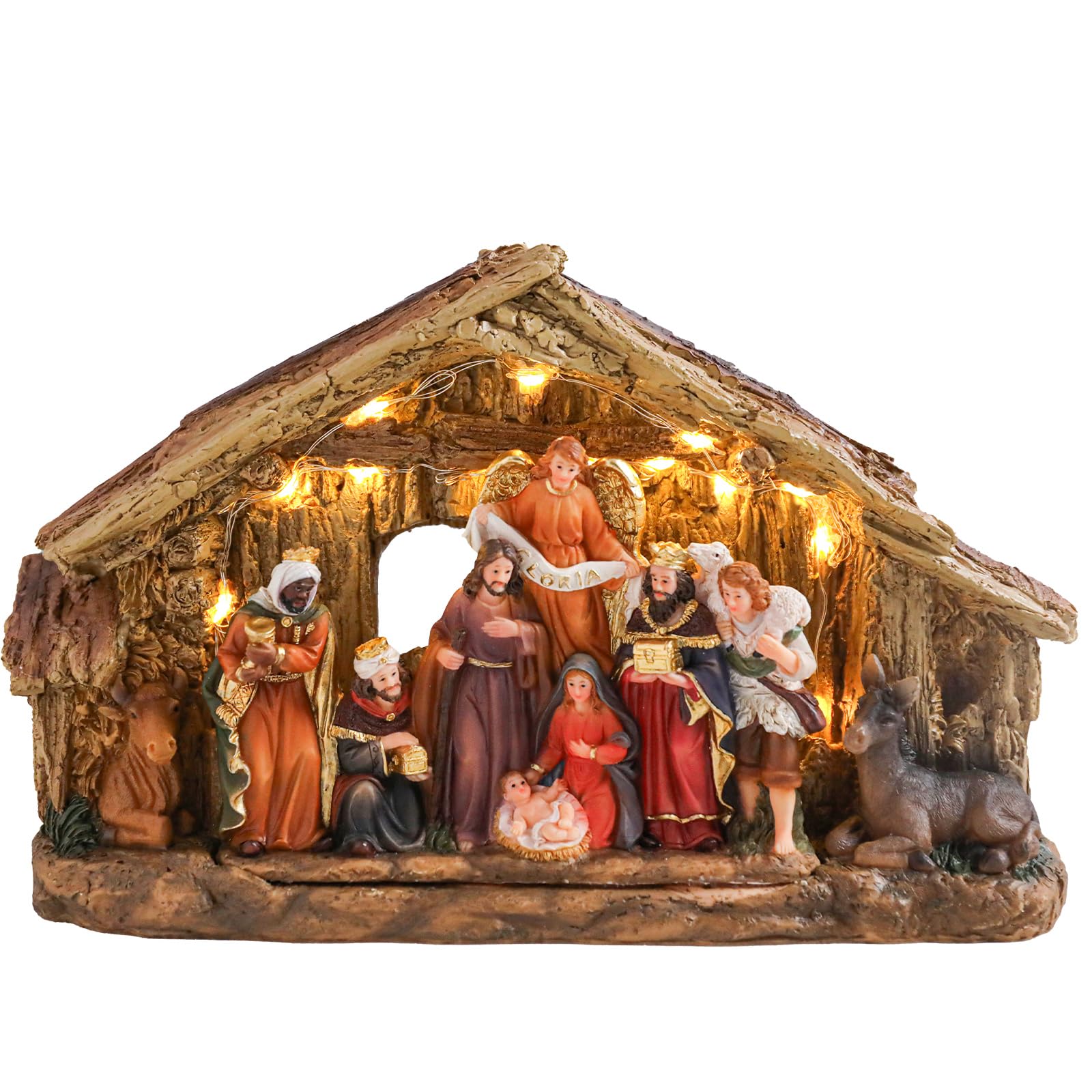 Bdor Crèche de Noël - Décoration de Noël - 29 x 8,9 x 17,8 cm - Affichage lumineux de la naissance de Jésus - Décoration de table de Noël - Scène électrique avec lumières LED