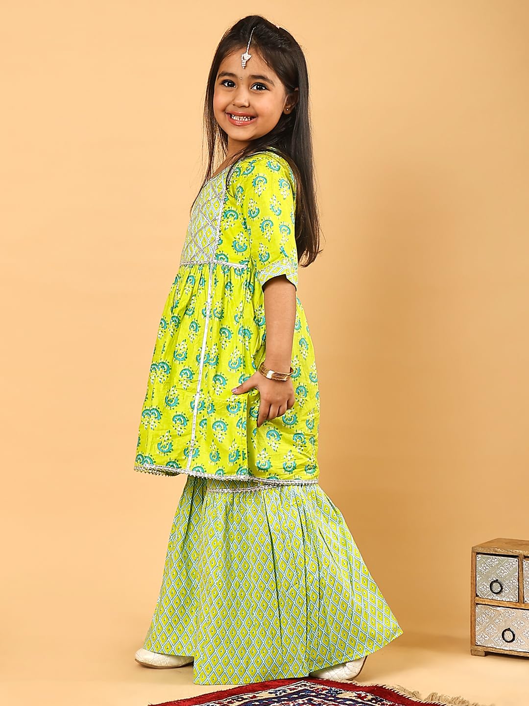 superminis Baby Girls Cotton Sanganeri Printed Frock Style Kurti & Pant (2-3 Years, Green) 1