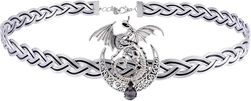 Dragon and Moon Viking Crown Fairy Circle Celtic Braided Headpiece Silver Black Renaissance Headband Tiara Medieval Wedding Women Men Hair Accessories Wreath Carnival Cosplay