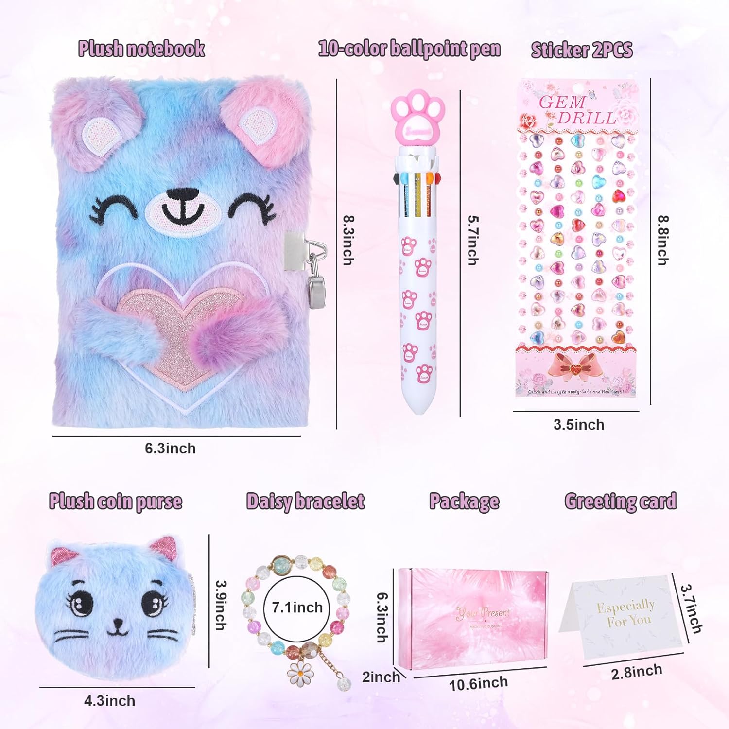 Cat Diary with Lock,Gifts for 6 7 8 Year Old Girl,Fuzzy Notebooks Diary for Girls,Hardcover Fluffy Secret Cute Journal with Lock,Cat Themed Gifts for Birthday, Christmas