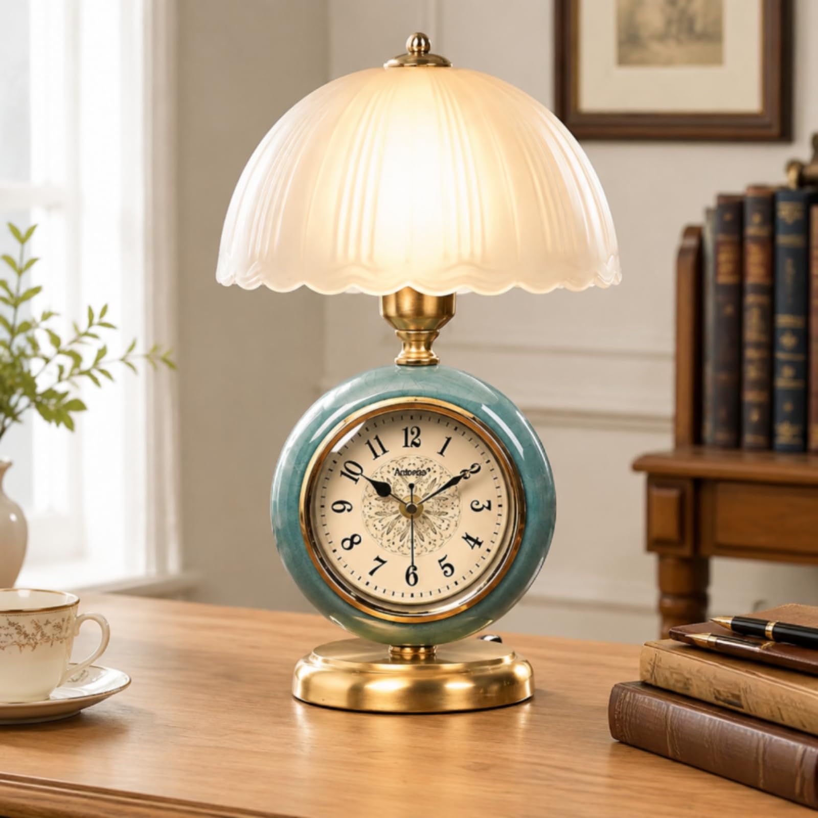 Lampe Table avec Horloge Intégrée Chaleureuse Lampe Chevet avec Horloge Douce Luminaire pour Bureau, 602-0039g Ceramic
