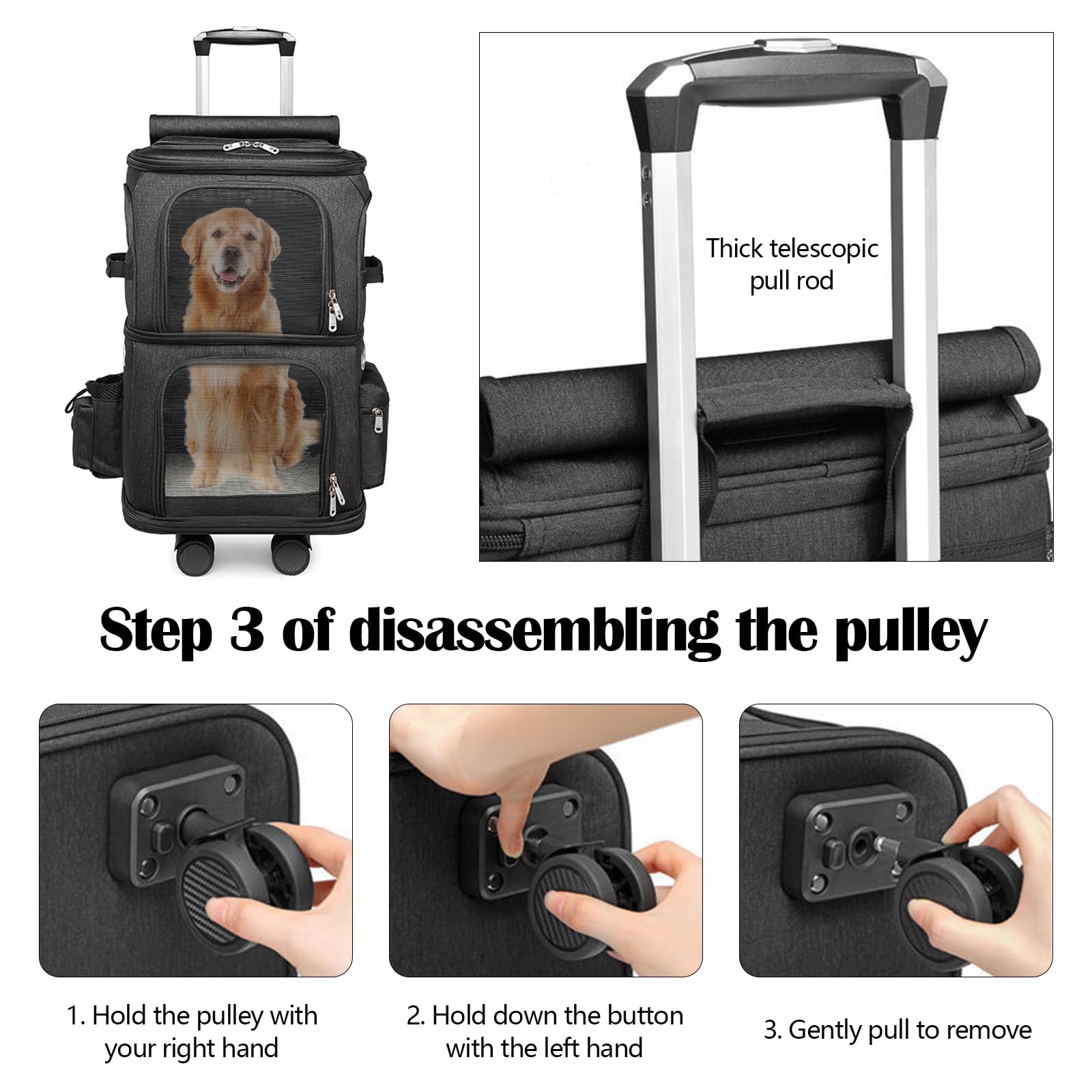 Sac à Dos Chat Chien, Sac à Dos de Transport à Double Compartiment avec Roues Amovibles Sacs Transport Chat Chien Respirant pour 2 Petits Chats et Chiens Chiot