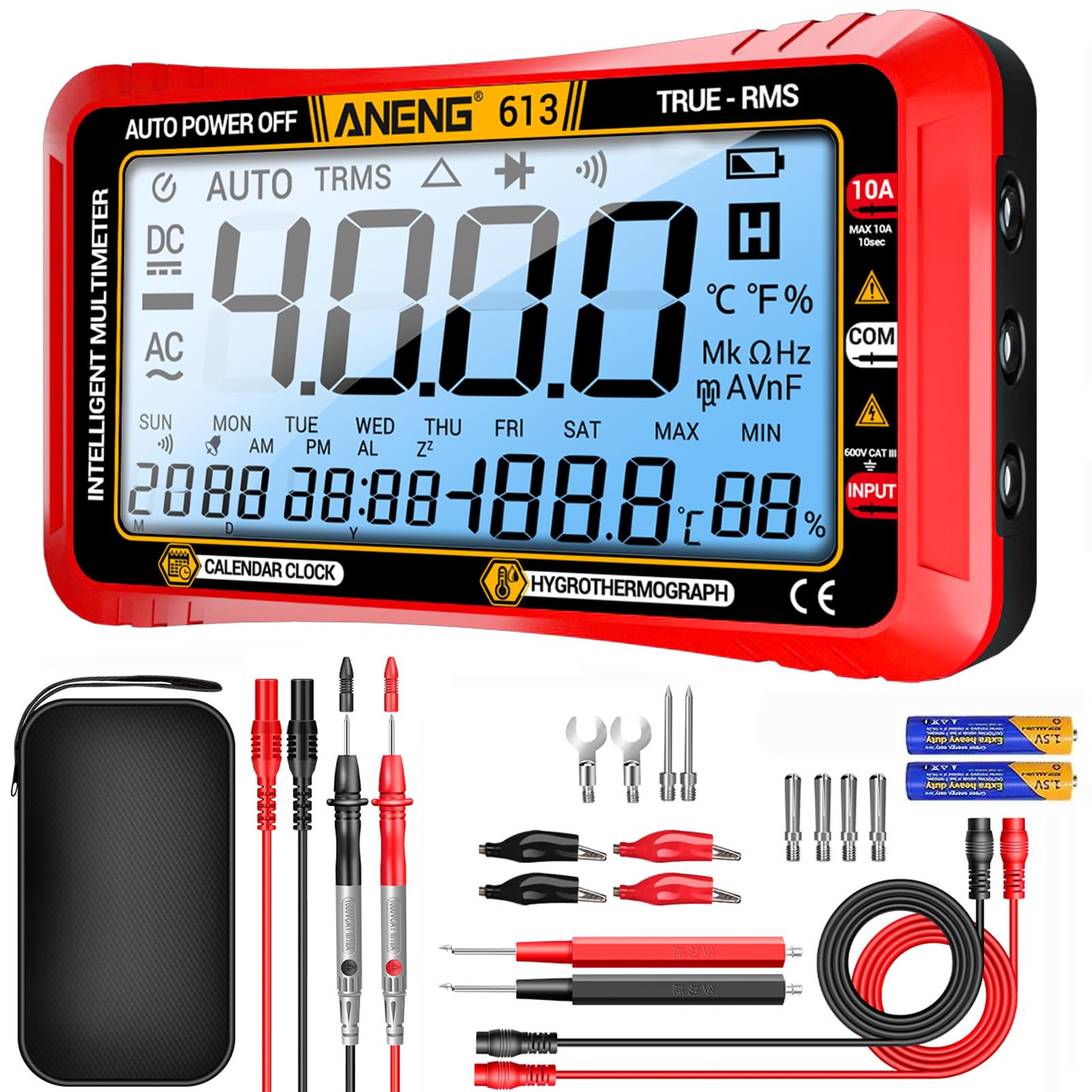 ANENG Digital Multimeter Tester,4000 Counts Voltage Tester,Auto-Ranging TRMS Volt Meter,Large LCD Ohm Meter Measures AC/DC Current,Voltage,Resistance, Diode,Continuity,Capacitance,Temperature(Red)