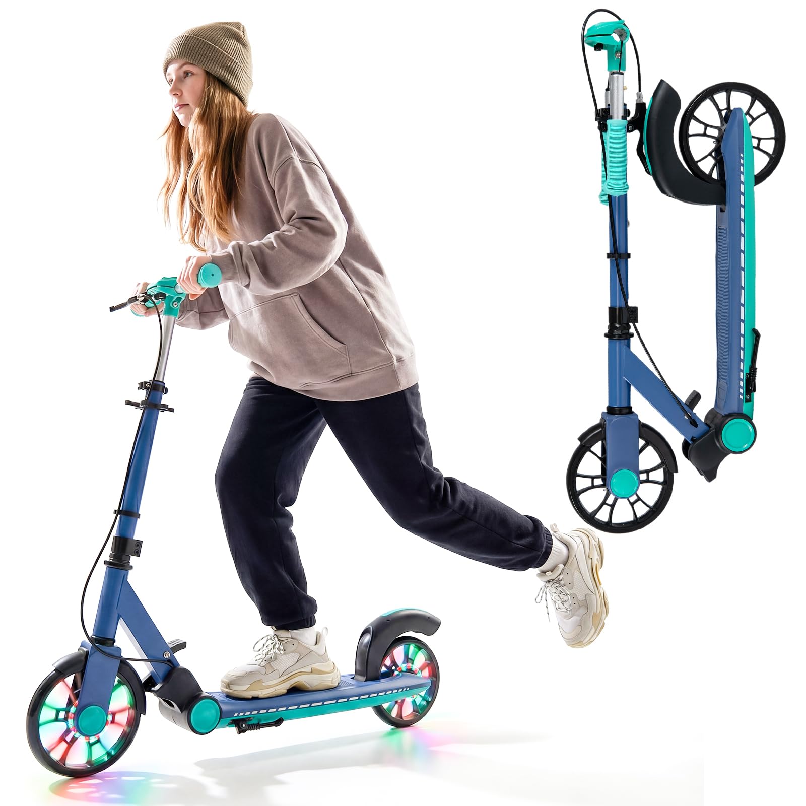 COSTWAY Patinete Plegable con LED Luminosas, Scooter Urbano de Altura Ajustable de 3 Nivles, Patinete Aluminio Ligero de 2 Ruedas para Adolescentes y Adultos, Niños 6+ Años, Carga 100kg