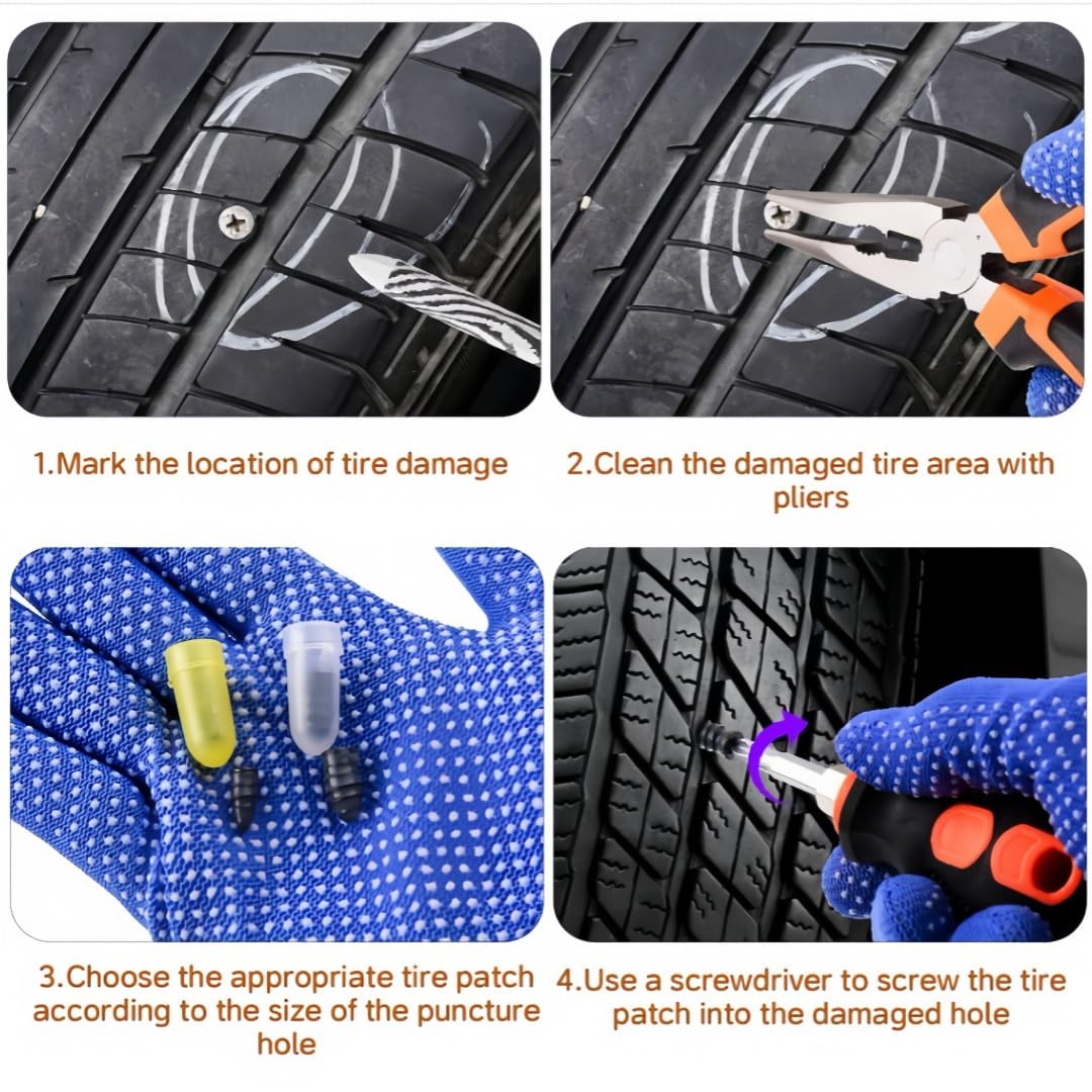 Kit Riparazione Pneumatici 22–65pz, Vite Ripara Gomme Tubeless con Cacciavite, Chiodo in Gomma per Auto Moto Bici(46pc)