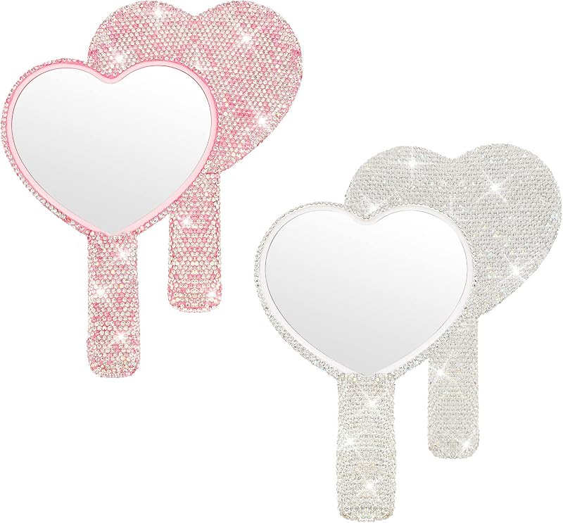 Tatuo Espelhos de Mão em Formato de Coração com Alça, Rosa e Branco, 2 Unidades