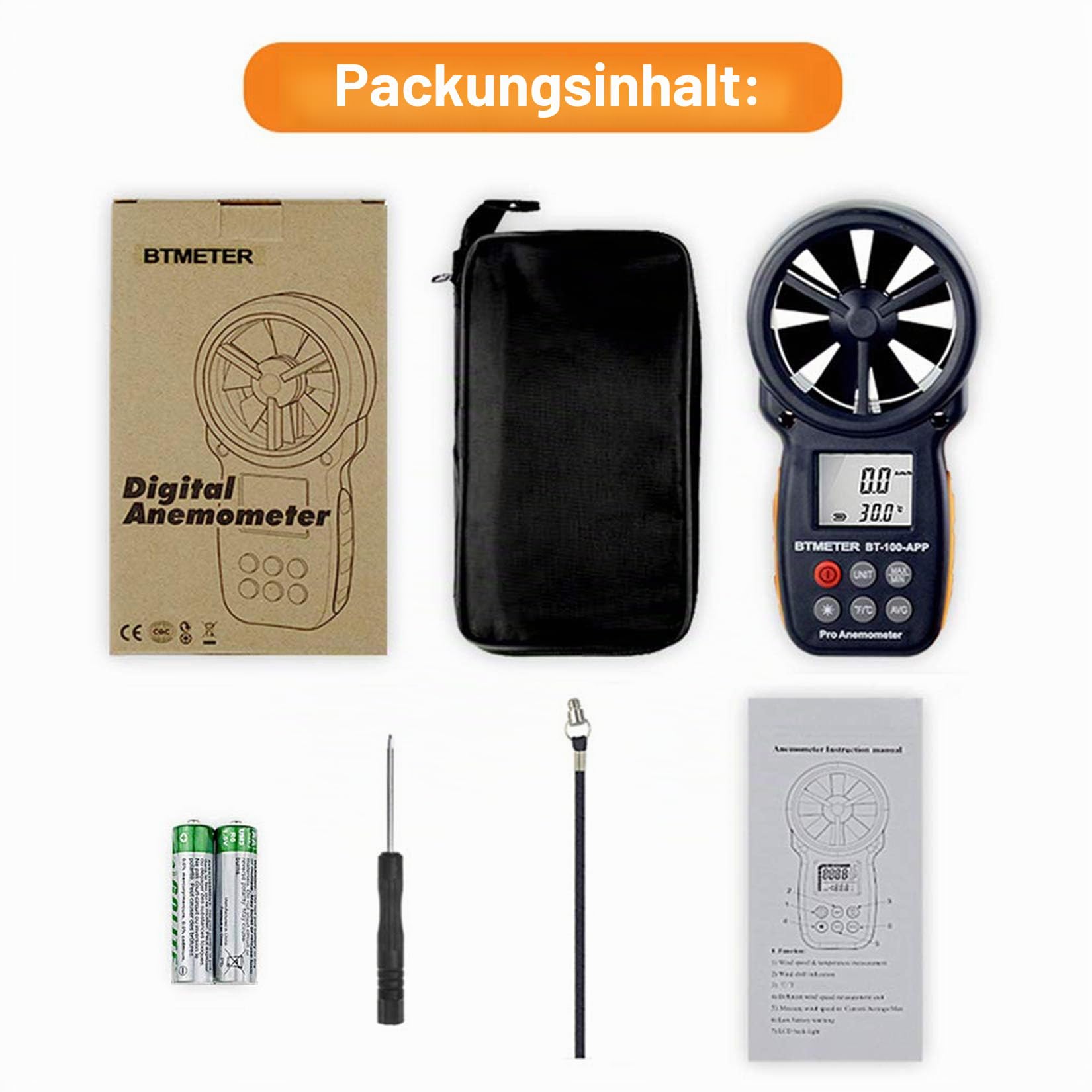 BTMETER Anemometer Bluetooth Wireless Handheld, BT-100APP Digital Windmesser CFM Messgerät, LCD Wind Speed Meter Gauge, Windgeschwindigkeit Temperatur Wind Chill Tester