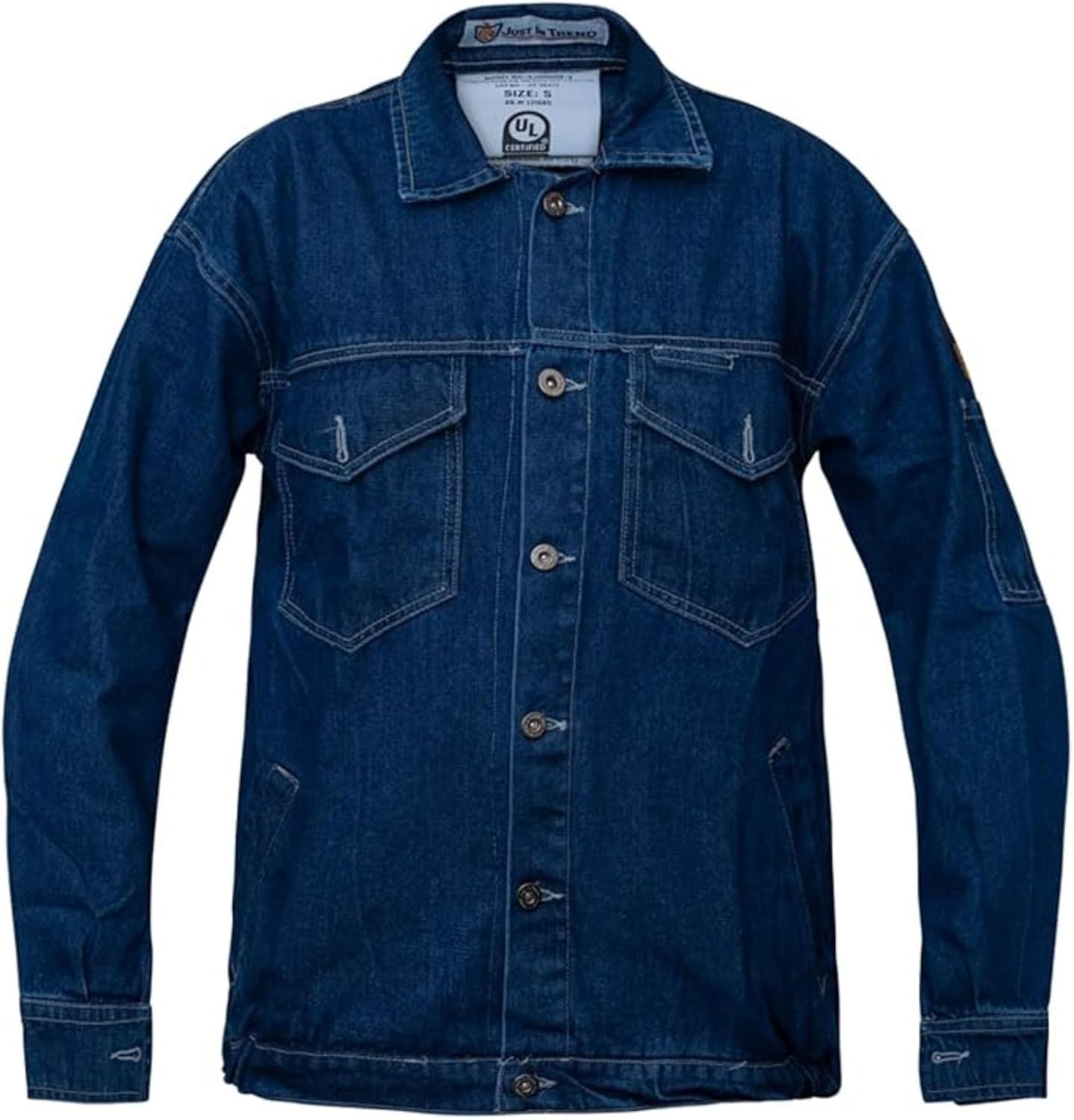 Just In Trend Flame Resistant FR Designer Denim Jeans Bomber Jacket - 100% Cotton - 11 oz - Blue Denim