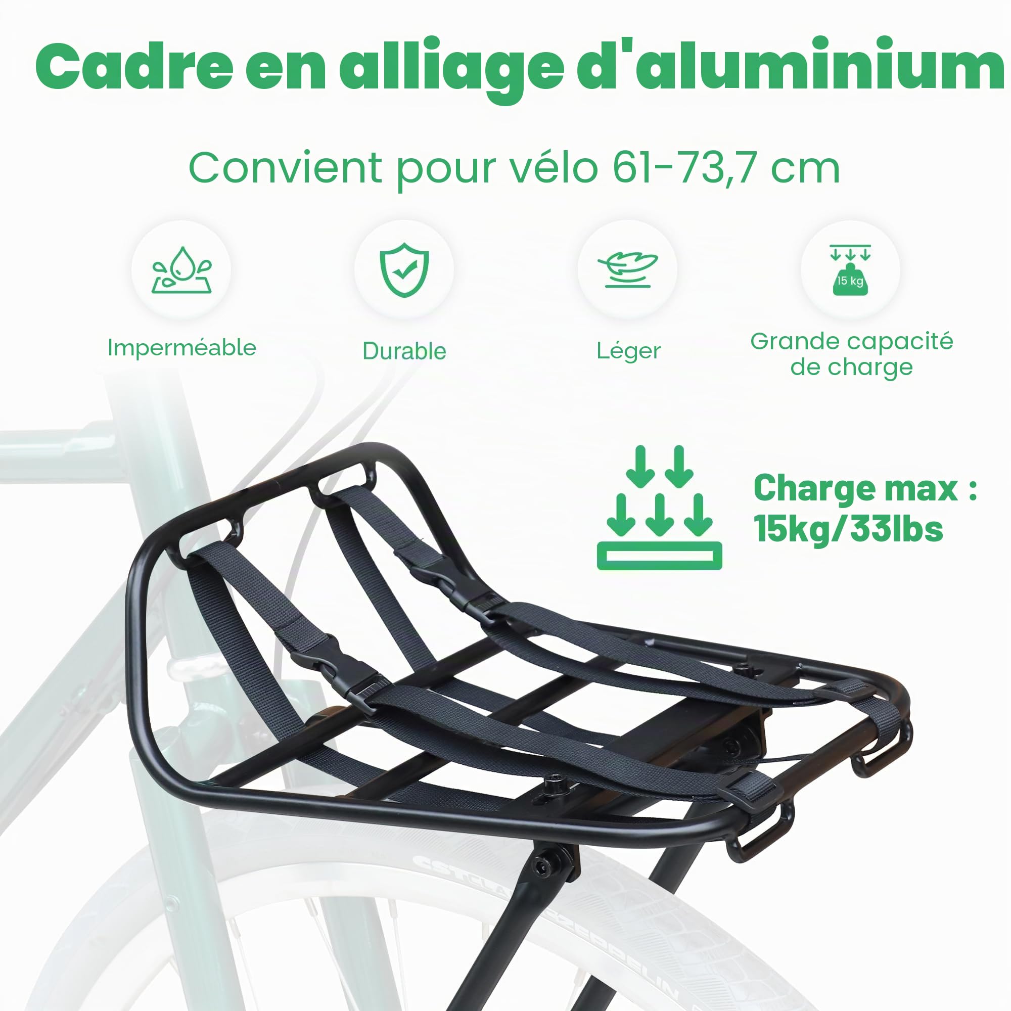 ZUKKA Porte-bagages de vélo avant - Charge maximale 15 kg, alliage d'aluminium - Convient pour vélos 24-29 pouces 700C - Pour vélo de montagne et vélo de route
