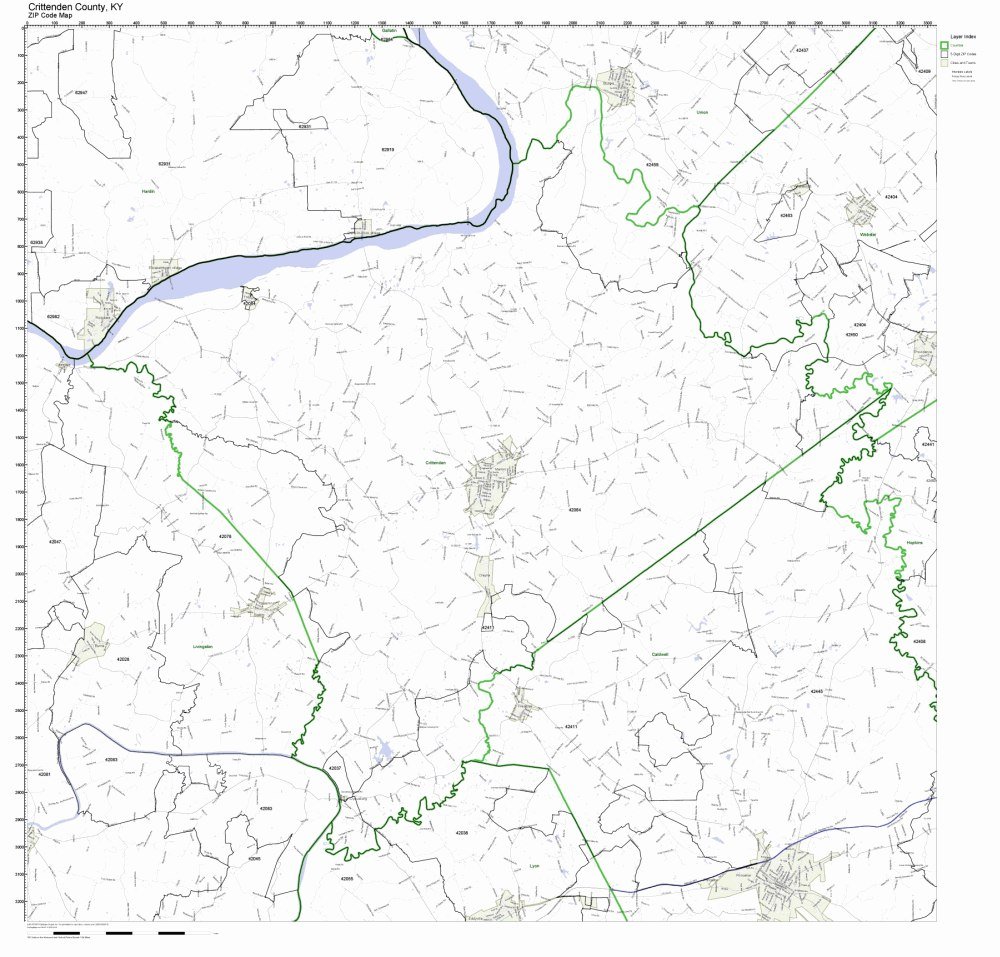 Crittenden County, Kentucky KY ZIP Code Map Not Laminated