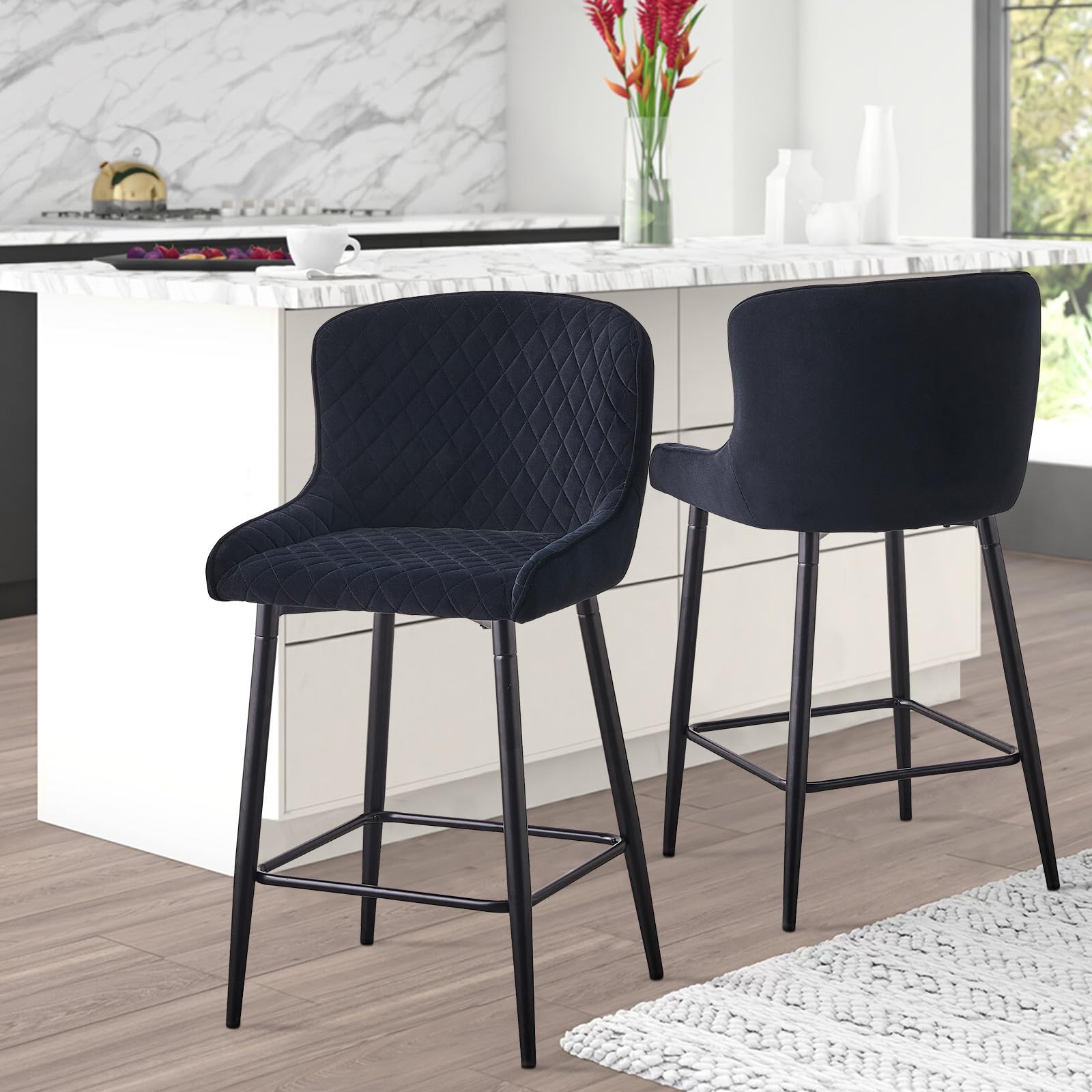 LEMROE Velvet Kitchen Counter Barstools Set of 2 Upholstered Island Bar Chair High Stool for Breakfast with Metal Legs Ergonomic Backrest Armrest (Black, Velvet)