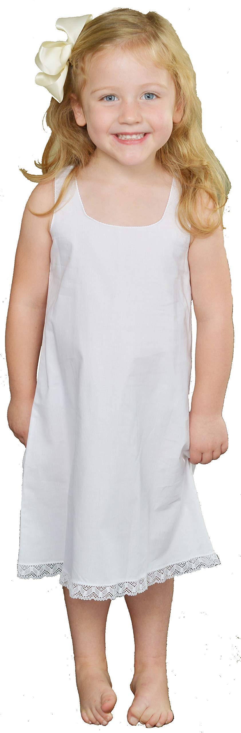 Girls Cotton Slip Sleeveless with bottom lace trim Handmade,White,4