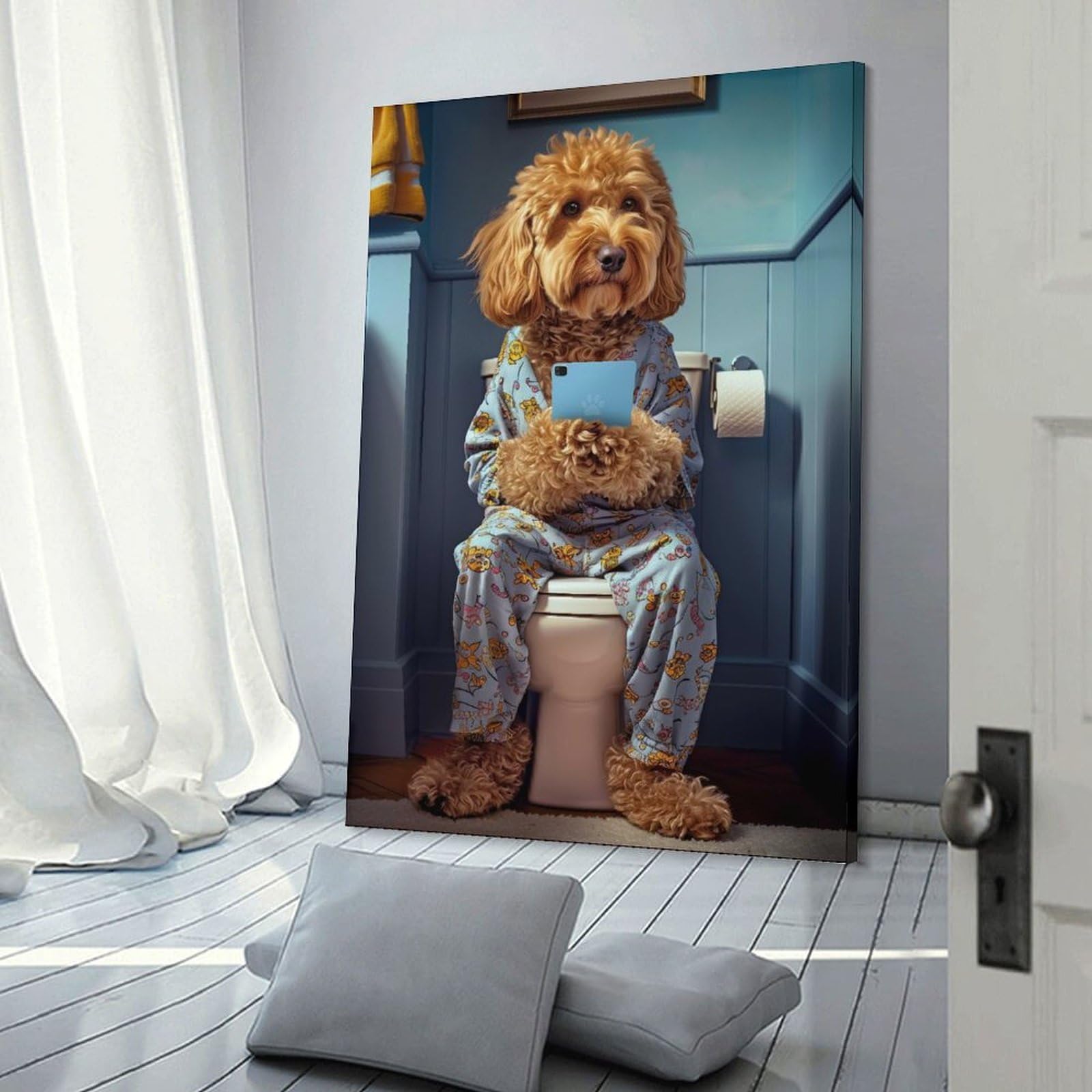 Junmoney Cockapoo on The Toilet Wall Art Print 20x30inch(50x75cm), for Picture Wall Styling in Lounge Or Bedroom, A Versatile Canvas Print for Layering