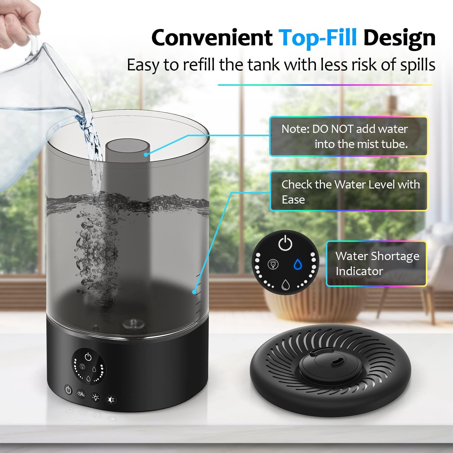 Cool Mist Humidifier, Ultrasonic Humidifiers for Bedroom Baby, 3L Large Humidifier w/Remote Control, 7 Colors Night Light 6 Dimmer Adjustable Levels, Timer, Auto Shut-Off Room, Black