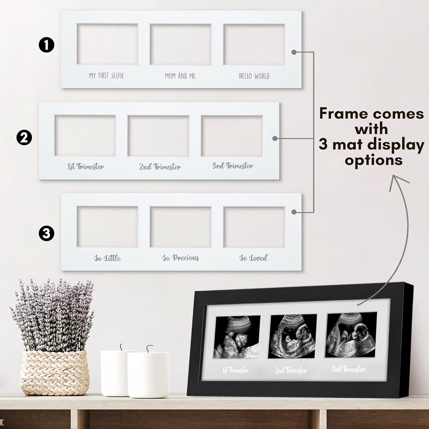 Americanflat Sonogram Picture Frame with Shatter-Resistant Glass - 15x5 Frame Fits Three 3x4 Sonograms with Interchangeable Mats - Signature Collection - Photo Frames for Tabletop and Wall - Black - Image 4