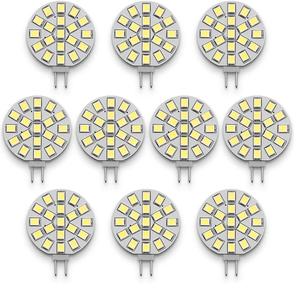 VehiCode G4 LED Bulb 12V AC/DC Daylight White 10W Halogen Equivalent Puck Cabinet Spot Light Bright 6000K JC Bi-Pin Base Round Lamp Replacement for Outdoor Landscape RV Camper Marine Boat (10 Pack)