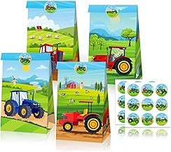 Zimoer 12 Pieces Farm Candy Bags, Tractor Gift Bag, Party Gift Bags with 18 Stickers, Candy Candy Bag, Birthday Gift Bags for Candy Packaging