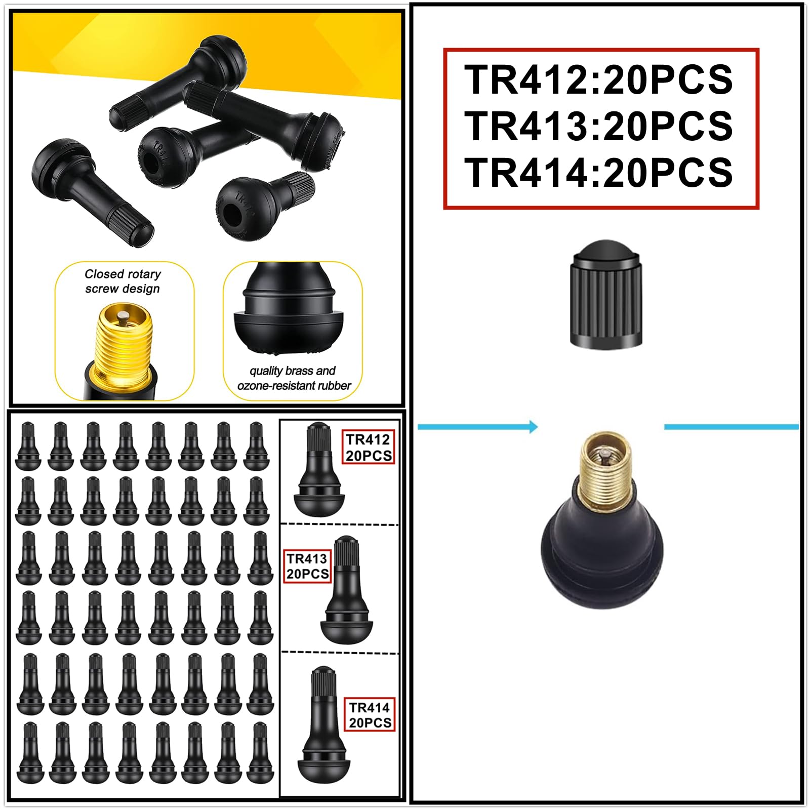 4 Pezzi Steli Valvola Gomma TR414 Per Pneumatici Auto - Tubeless, A Scatto Con Cappucci - 3