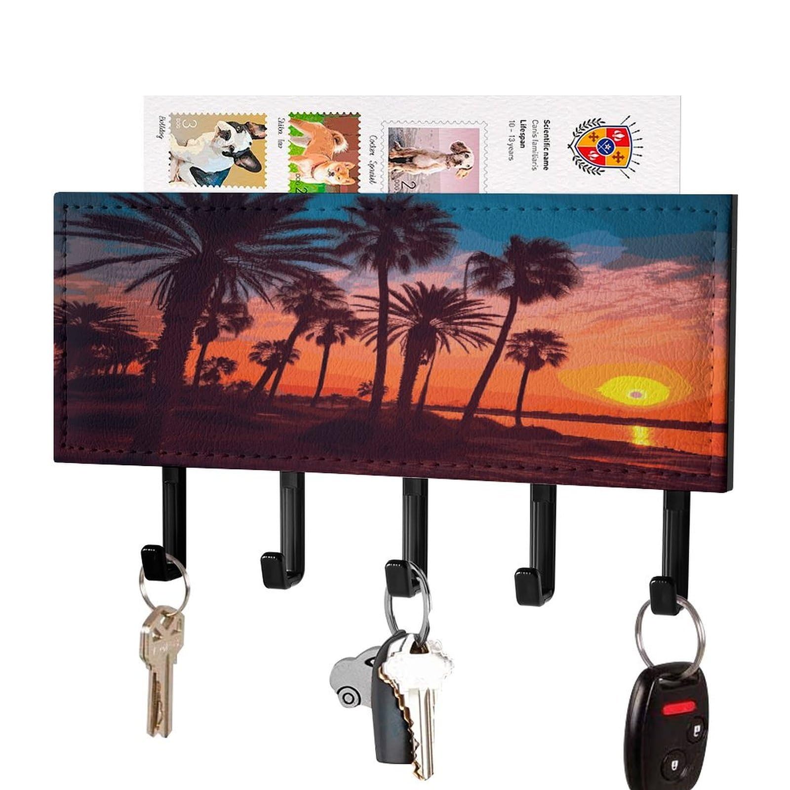 FekiLoot Palm Tree Sunset Key Holder for Wall Decorative Mail Organizer with 5 Key Hook Self Adhesive Key Rack with Tray Coat Rack Wall Mount Key Hanger Decor for Entryway Door