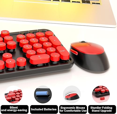 Vista 6 de Teclado y mouse inalámbricos, teclado retro COOFUN para máquina de escribir con teclas redondas, ergonómico de tamaño completo, ideal para PC