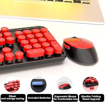 Wireless Keyboard and Mouse, COOFUN Retro Typewriter Keyboard with Round Keycaps, Full-Size Ergonomic, Ideal for Windows PC, Home, Office, and College Black and Red
