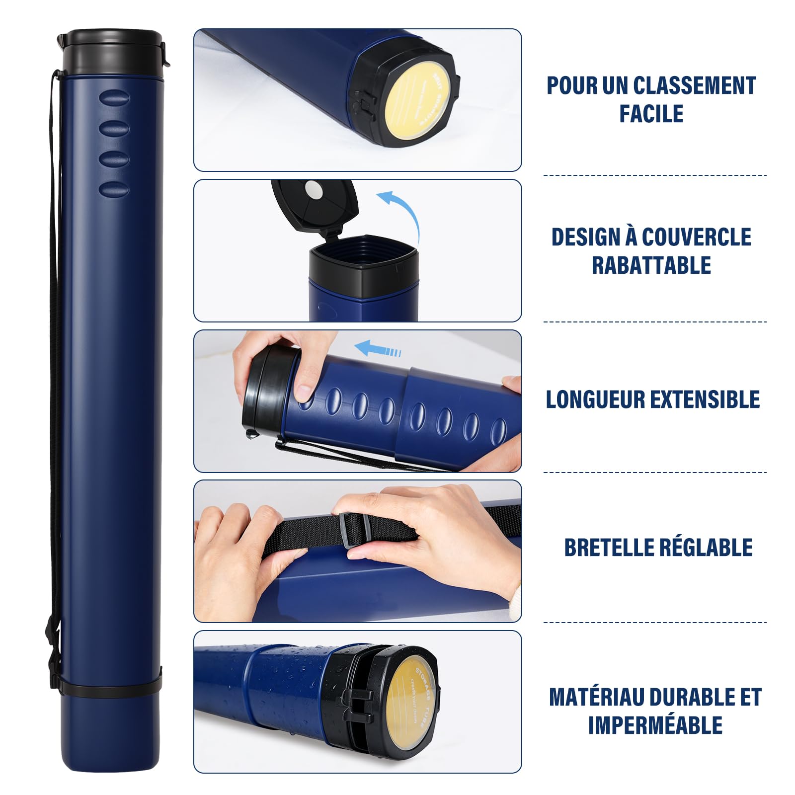 DEWEL Rouleau de Transport télescopique A0, 62-107 cm, pour Posters et Tableaux, Bleu foncé