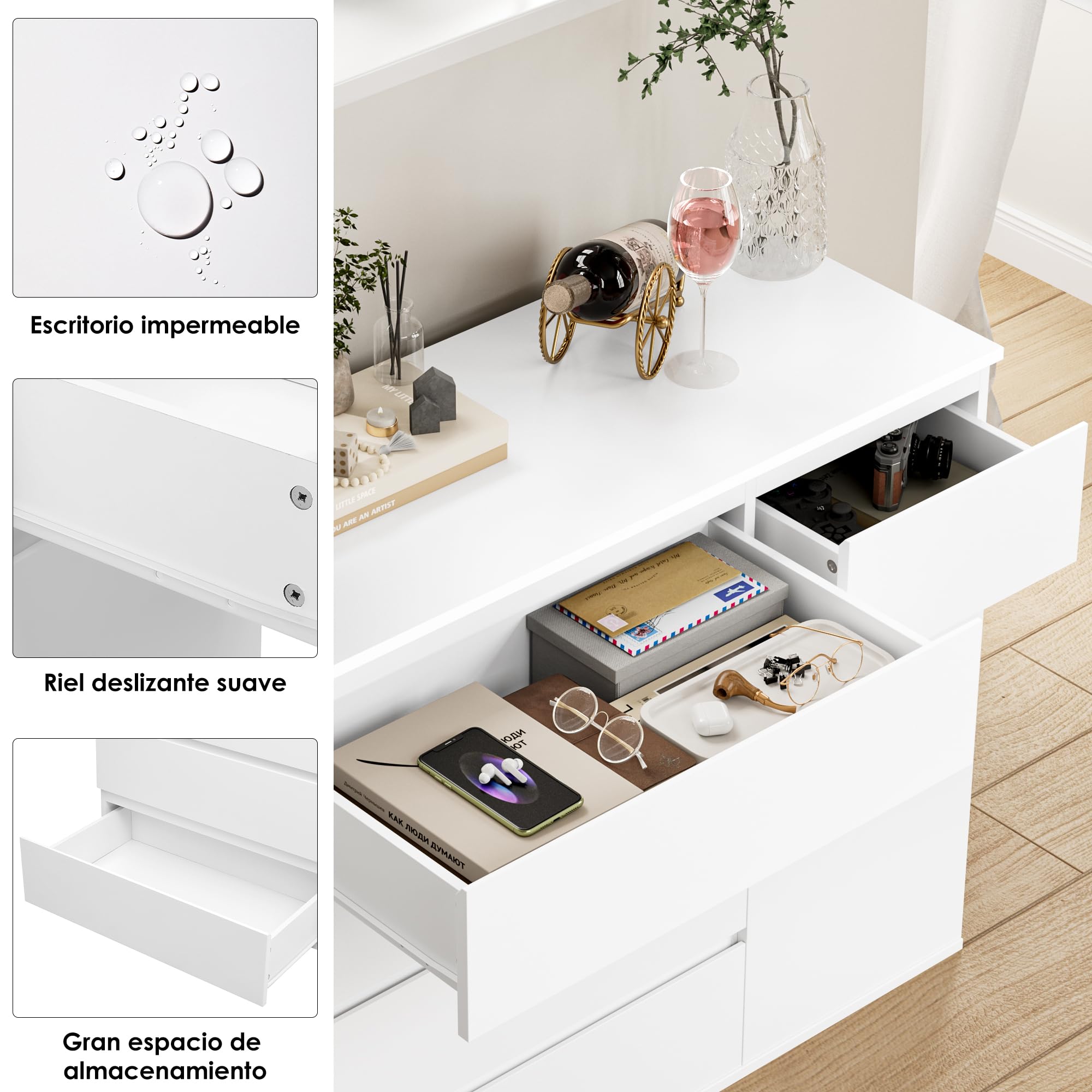 FOREHILL Cómoda Cajonera Dormitorio 5 Cajones y 1 Puerta Blanco 100x40x80cm | Sinfonier Almacenaje para Armario Ropero, Mueble de Almacenaje, Gran Capacidad para Pisos Pequeños Vestidor Recibidor