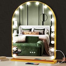 THEKLA 32 x 24 Inch Gold Arch Hollywood Vanity Mirror with Lights for Makeup Desk Table Wall Detachable Base Stand X10 Magnifying Dimmable 3 Color Light 18 Bulbs Gold Arch Lighted Vanity Makeup Mirror