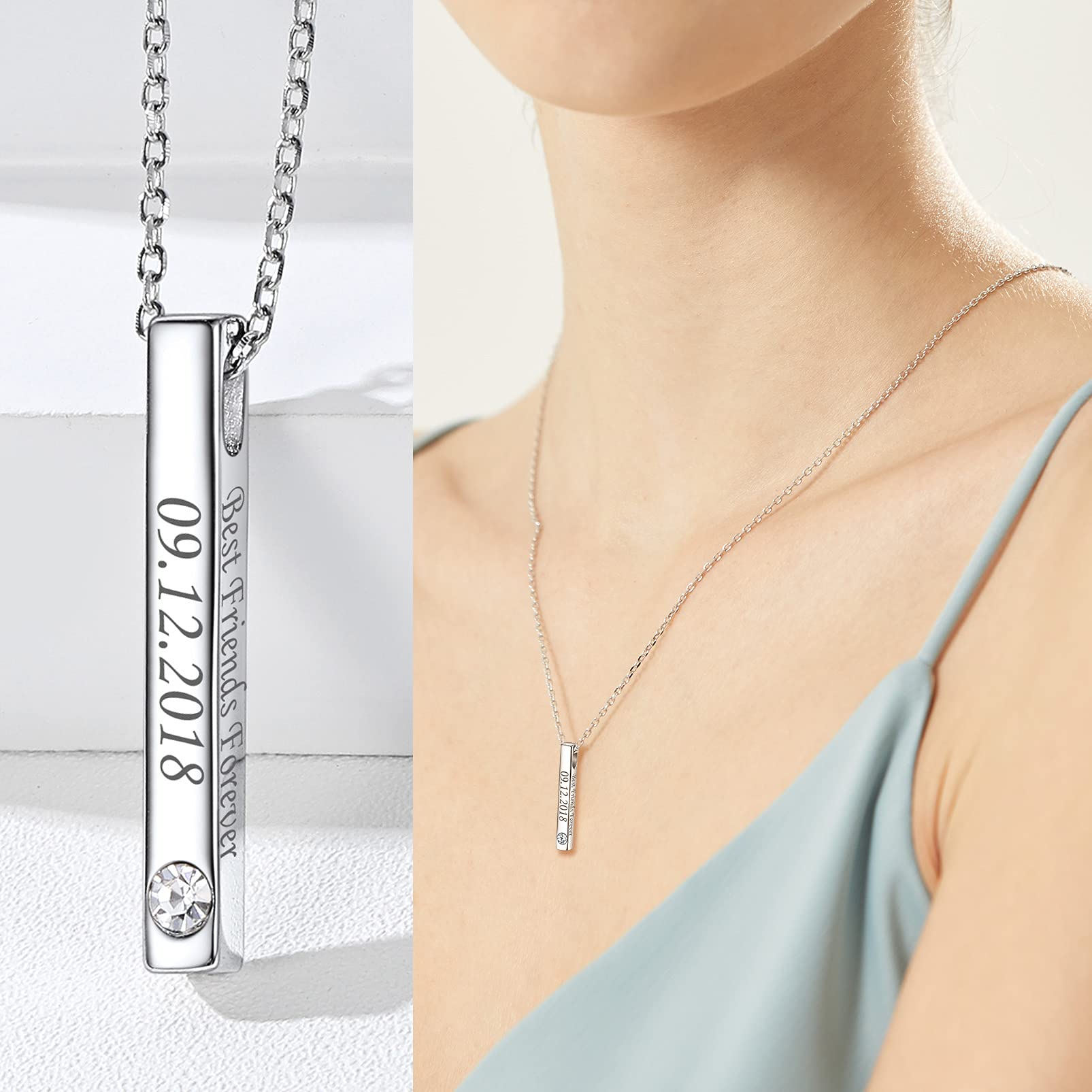 Silvora Halskette mit vertikalem Stab, Sterlingsilber, personalisierbar, schlichter Halsschmuck für Damen und Mädchen
