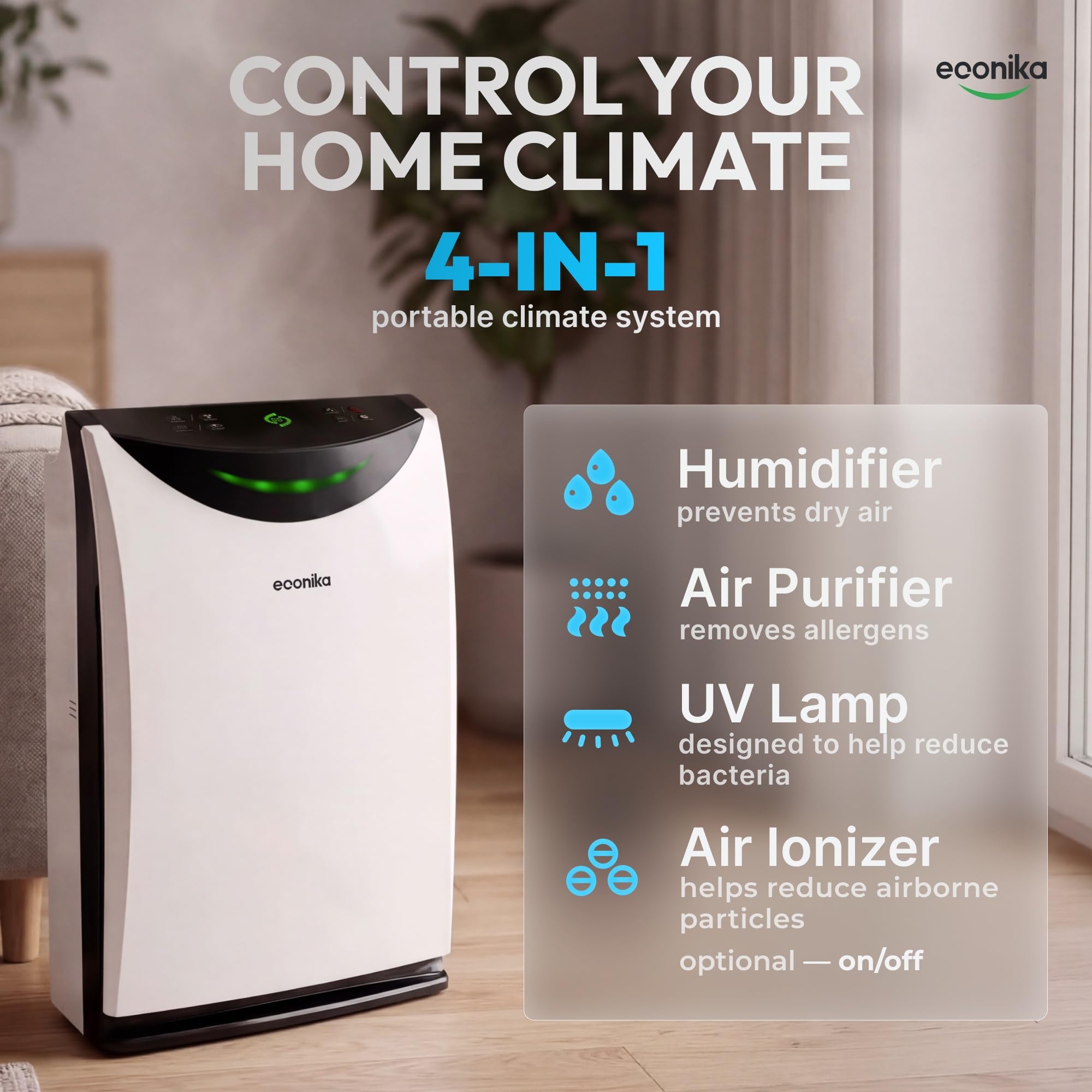 Oczyszczacze powietrza ECONIKA do dużych pomieszczeń - 4 w 1 nawilżacz i oczyszczacz powietrza w jednym - H13 True HEPA Air Purifier dla alergii - jonizator i lampa UV - Osłony do 700 Sq.Foot Home Air