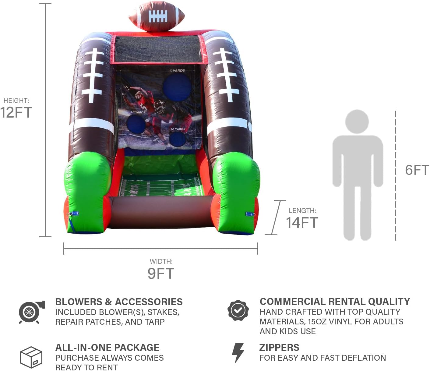 JumpOrange Inflatable Football Target Game (with Blower and Foam Football), Kids and Adults, Commercial Grade, Rental Game, Throwing Target Holes, Toss Game, Outdoor Indoor, 15oz PVC Vinyl, <90 LBS image 5 of 5 B078LBHD34