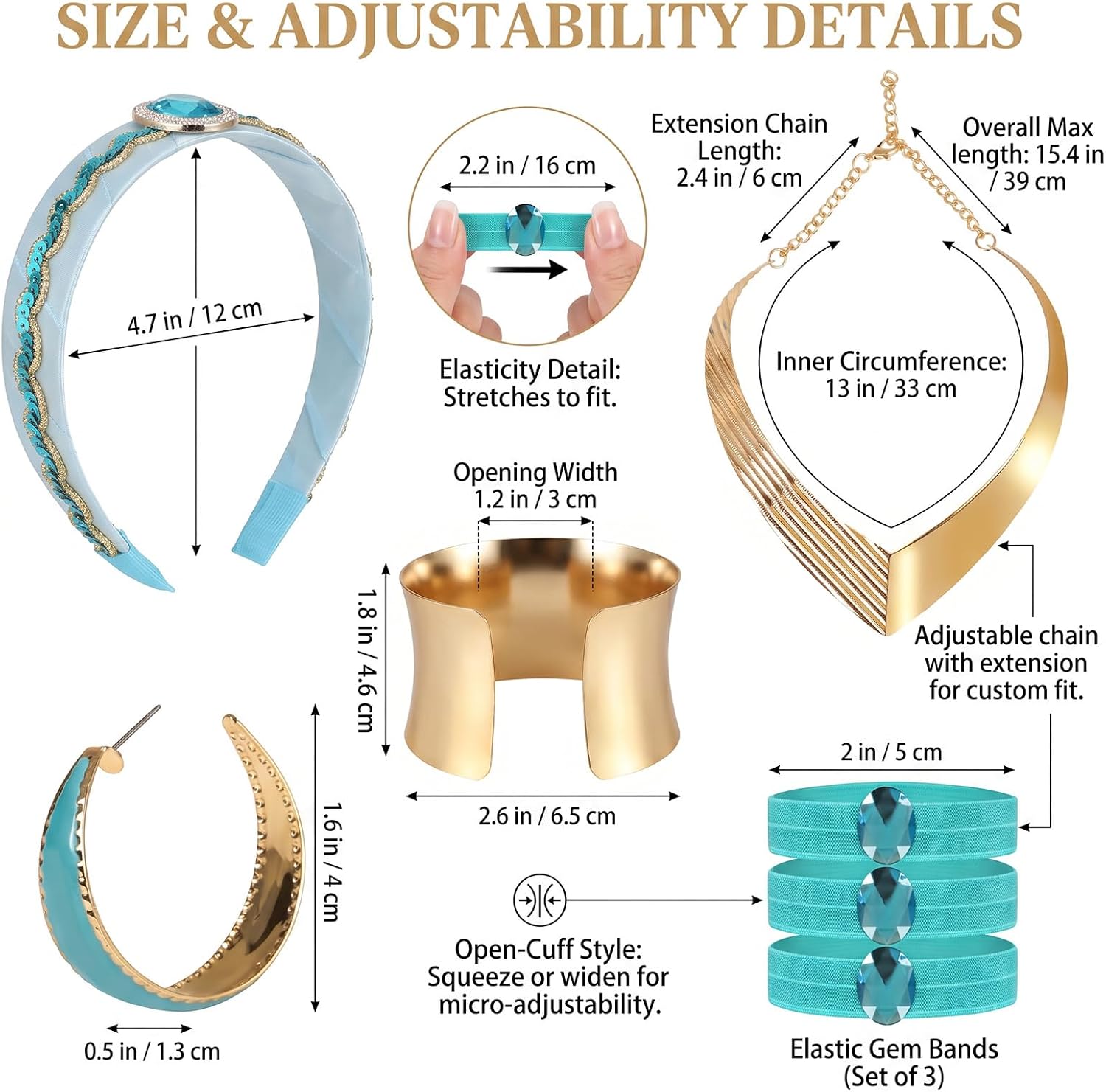 5 Piece Arabian Princess Accessory Set for Women, Exotic Gold and Teal Jewelry Kit for Halloween Cosplay