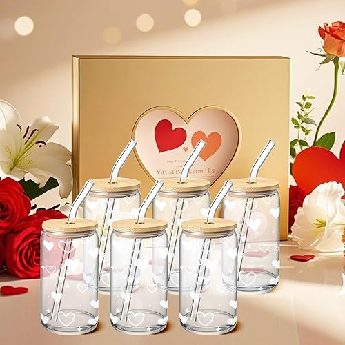 Vista 46 de Vasos de vidrio con tapas y pajitas, 1 paquete, tazas de café de vidrio, taza de vidrio con tapa para café helado, batido, cóctel, cerveza, whisky